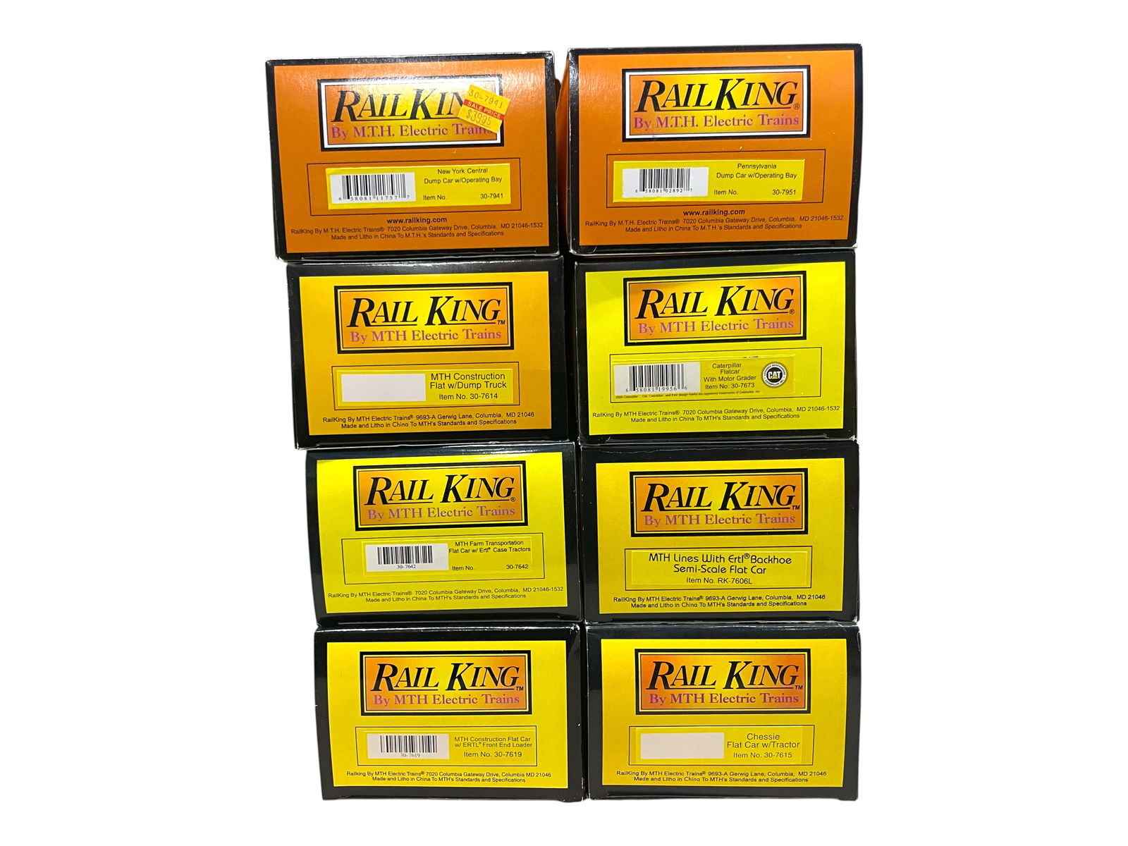 8 MTH Freight Cars: Includes Operating cars- 30-7941 & 30-7951; Die Cast Vehicle Cars- 30-7614; 30-7673; 30-7642; 7606L; 30-7619; 30-7615. Most appear new in boxes. Shipping: Weiss Auctions offers full-service, in-house