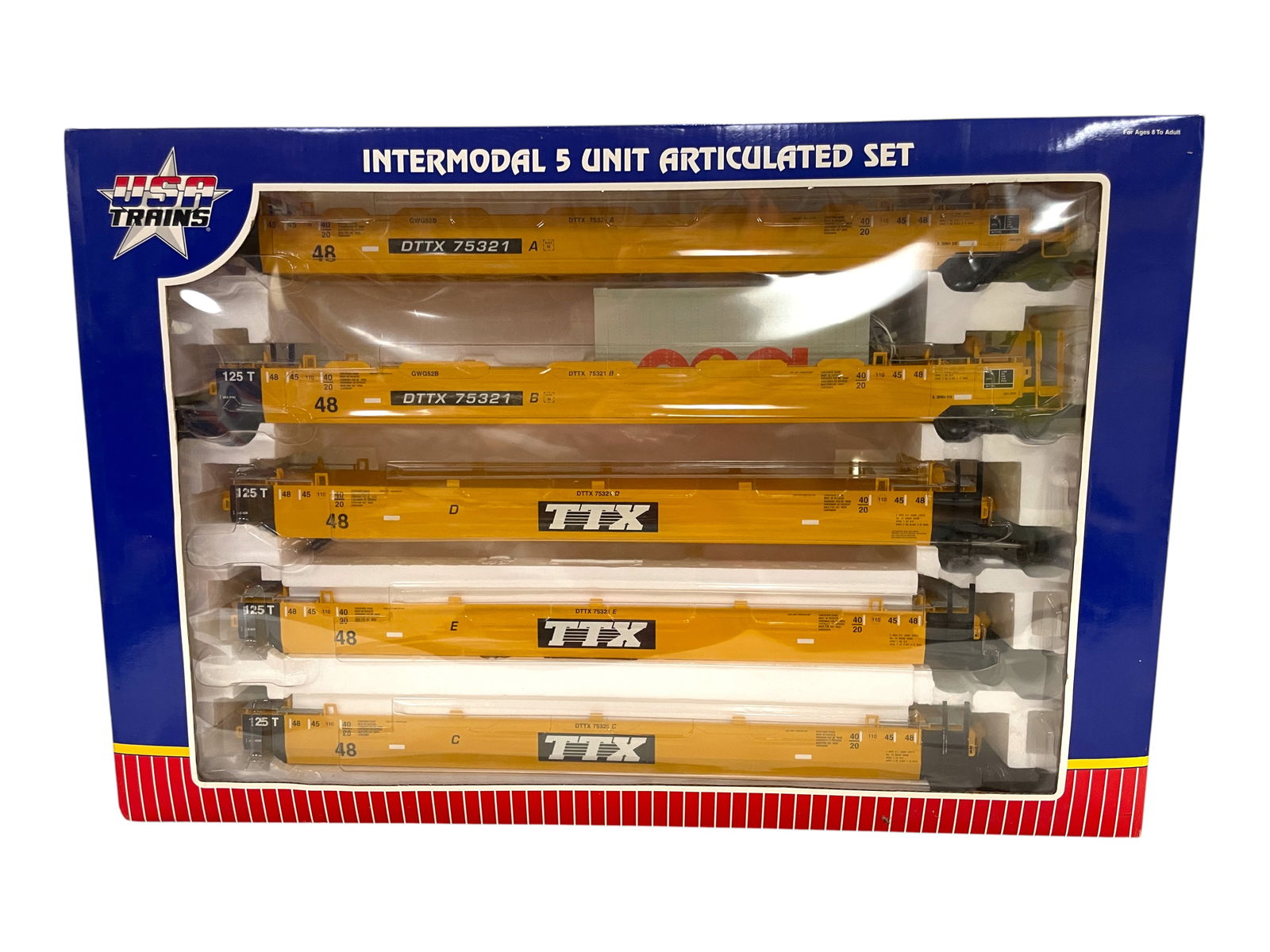 USA R17150 DTTX 5-pc Intermodal Set: 1/G Gauge. Nice 5 car open well cars, sold with no loads, though one container was left on. They show light use with lightly worn set box. Large Item, call for shipping quote.Shipping: Weiss Auctions