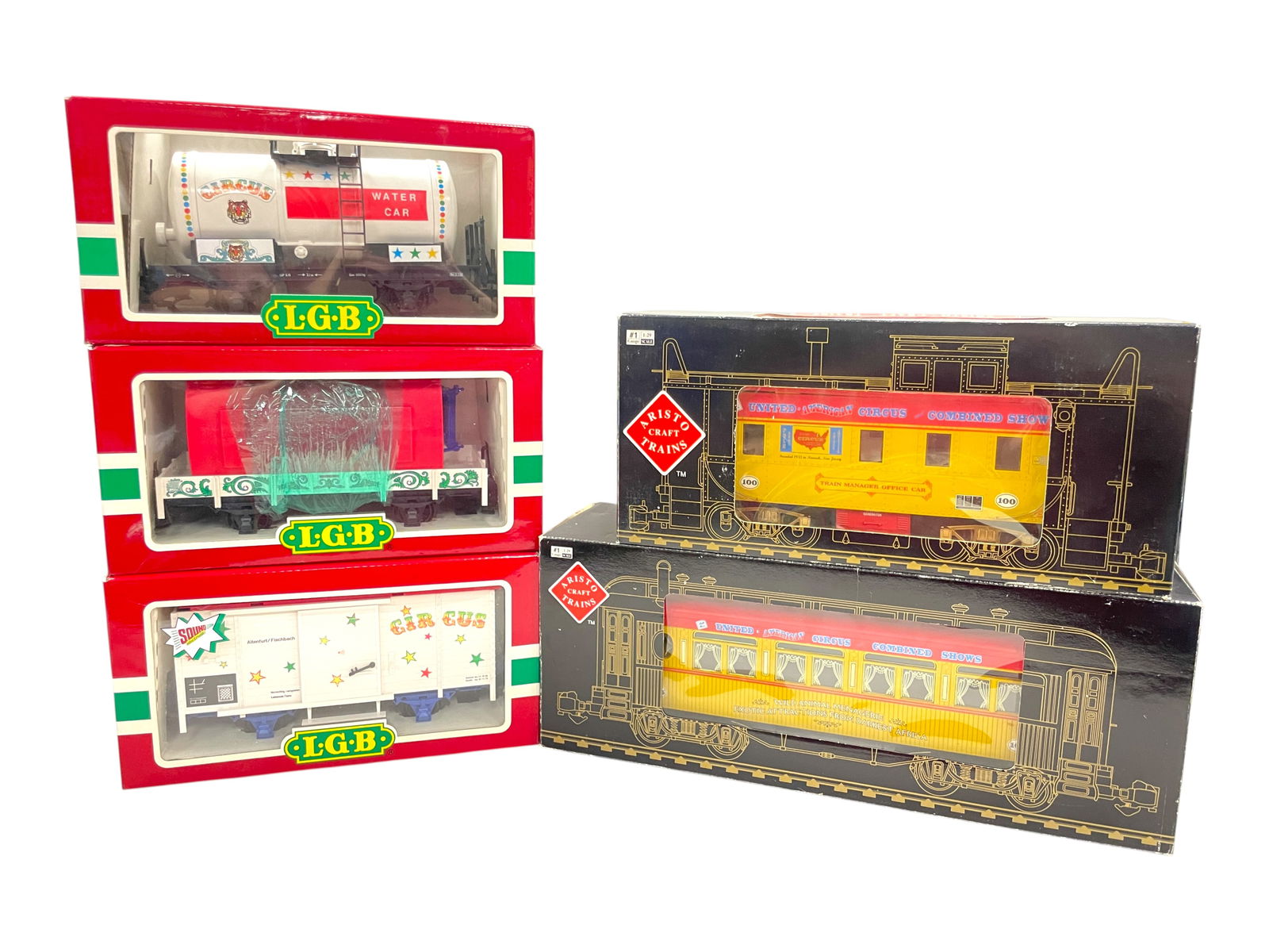 LGB & ARISTA CRAFT Circus Cars: 1/G Gauge. Includes LGB 4136s Boxcar with sound; 41370 Flat with ticket office wagon; 4040 Water Tank Car; Aristo-Craft 31026 & 42127 Circus 94 Coach & Caboose. All show light use with boxes, LGB has