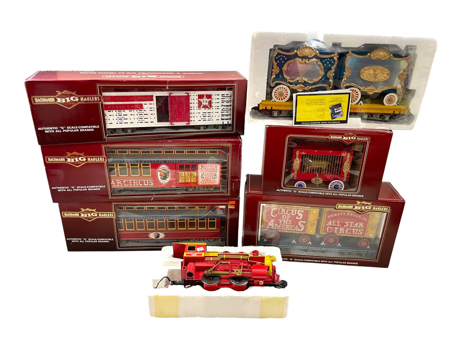 7pc Bachmann G Gage Circus Set: 1/G Gauge. Includes a steam tank loco, 1 side rod broken, insert only; Flat with Performer Wagons, insert only; 92706 Flat with Tableau Wagon $2; 97171 Combine; 97371 Observation; 98172 Stock Car with