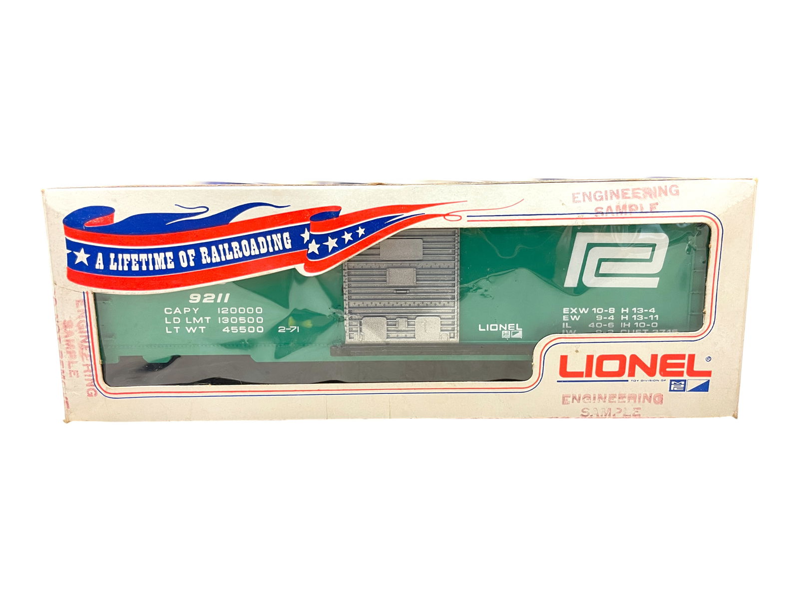 Unusual Lionel Engineering Sample: Includes a 9211 PC Boxcar with embossments on the end number boards, so not a Glenn Uhl. Bannar box is rubber stamped in several places Engineering Sample and other like markings. Hmm?It is unrun,