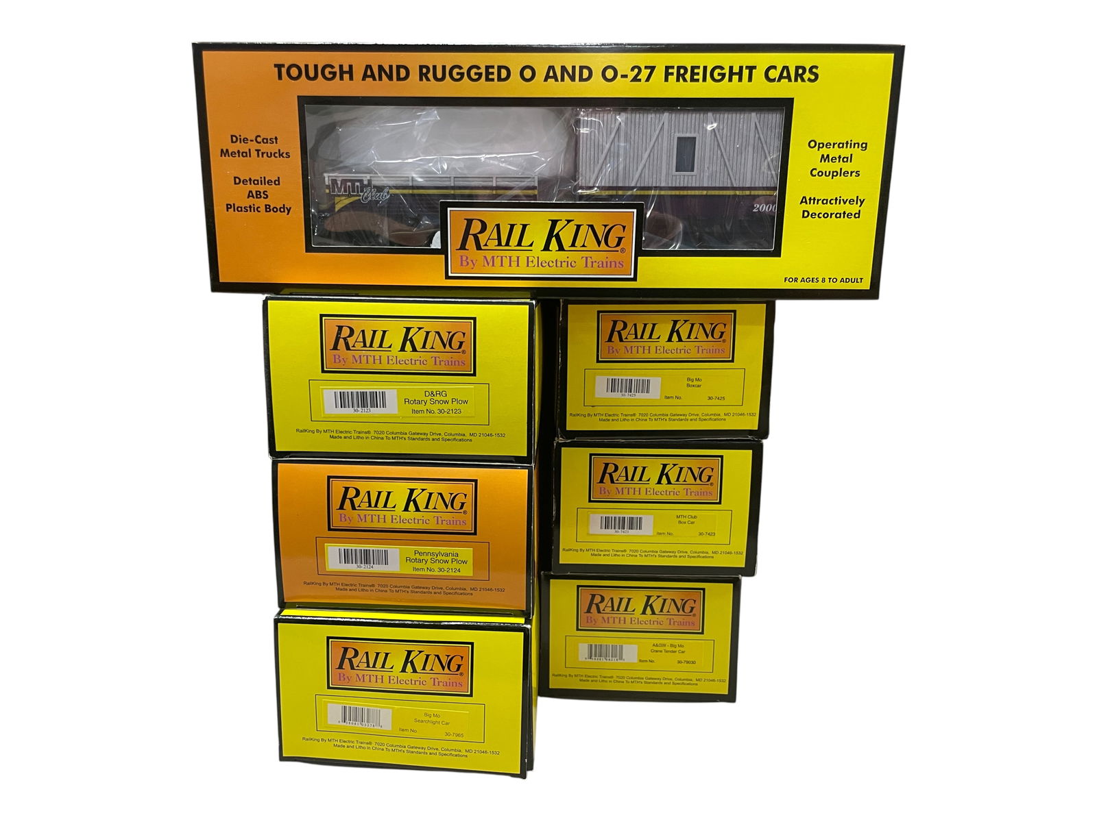 5 MTH Freight Cars, 2 Snow Blowers: Includes 20-2123 & 20-2124; 30-7965; 30-79030; 30-7423; 30-7425; 30-7939. All are new in boxes. Shipping: Weiss Auctions offers full-service, in-house shipping for nearly all items in this auction. Fo