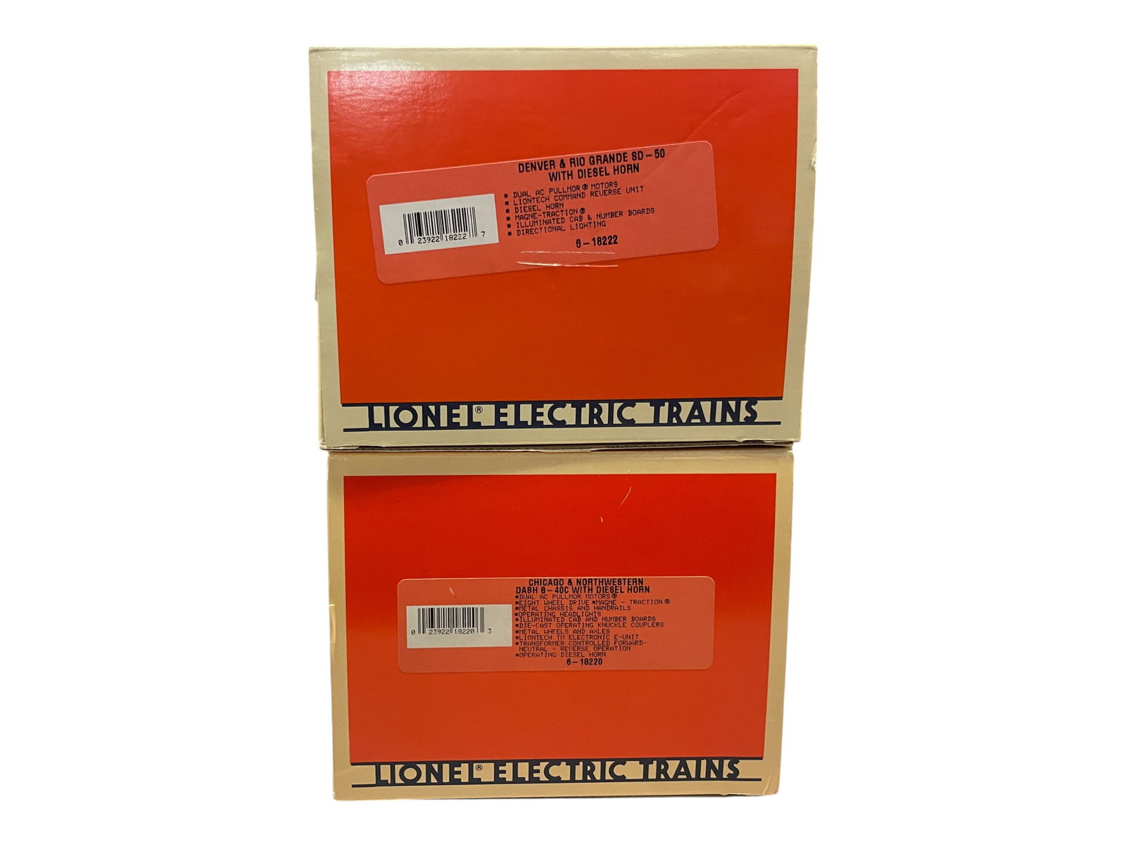 2 Modern Lionel Diesel Locomotives: Includes an 18222 D&RG SD50 with dual motors and horn; 18220 C&NW Dash8-40C diesel with lights and horn. They show test run wheels, like new in boxes. Shipping: Weiss Auctions offers full-service, in-