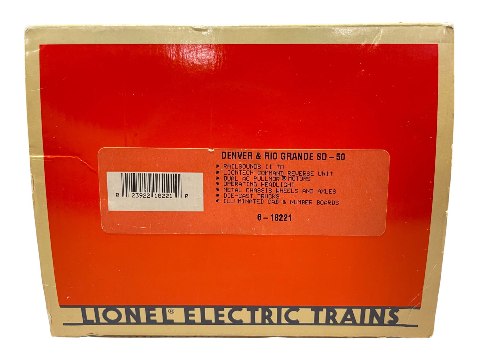 Lionel 18221 D&RG SD-50 Diesel: Equipped with dual motors, RailSounds II, Light and more. It shows light run time with box.Shipping: Weiss Auctions offers full-service, in-house shipping for nearly all items in this auction. For a