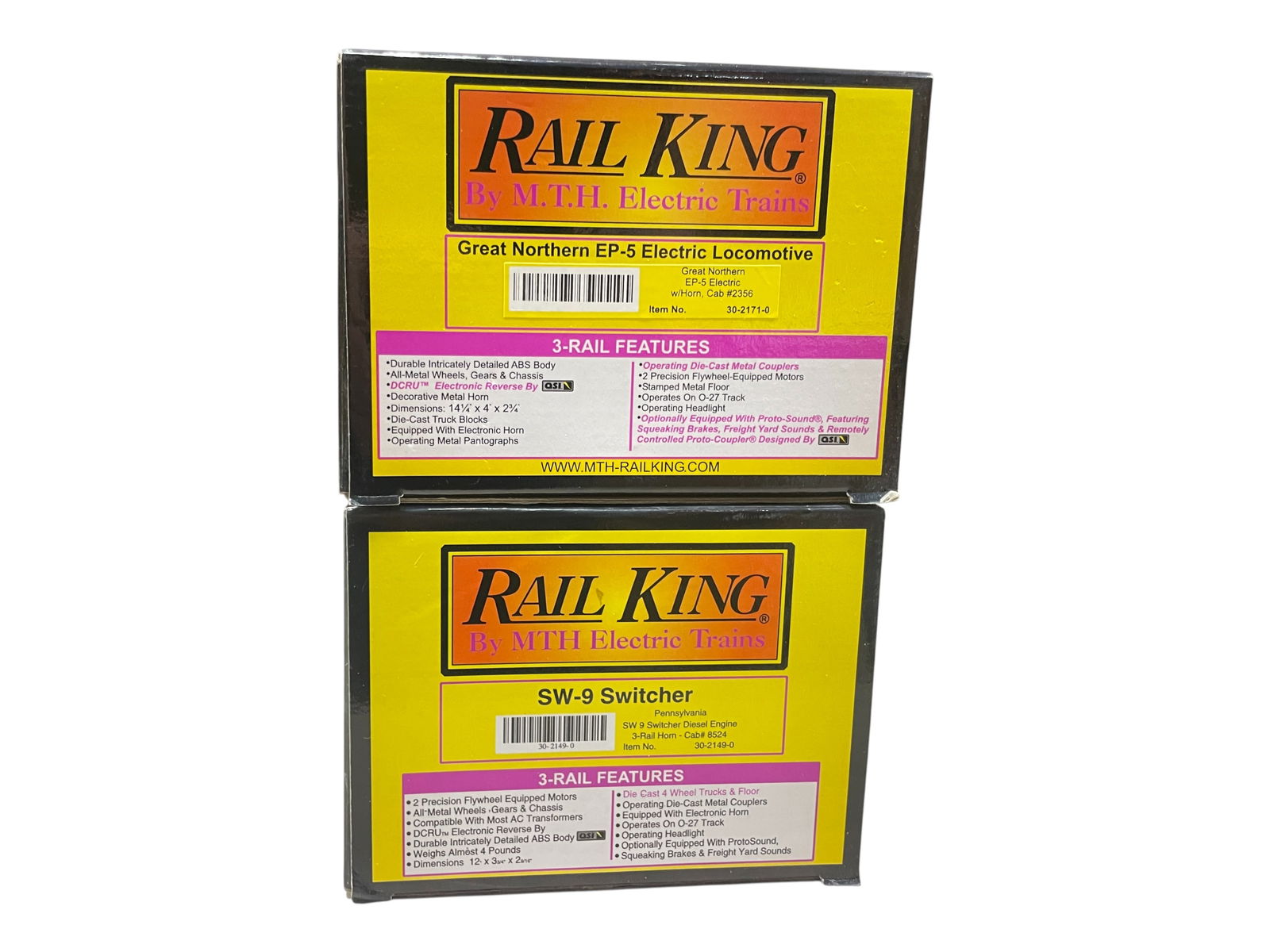 2 MTH RailKing Diesel Locos: Includes a 30-2171-0 GN EP5 with Horn; 30-2149-0 PRR SW1 Switcher with horn. They show light use with boxes. Shipping: Weiss Auctions offers full-service, in-house shipping for nearly all items in thi