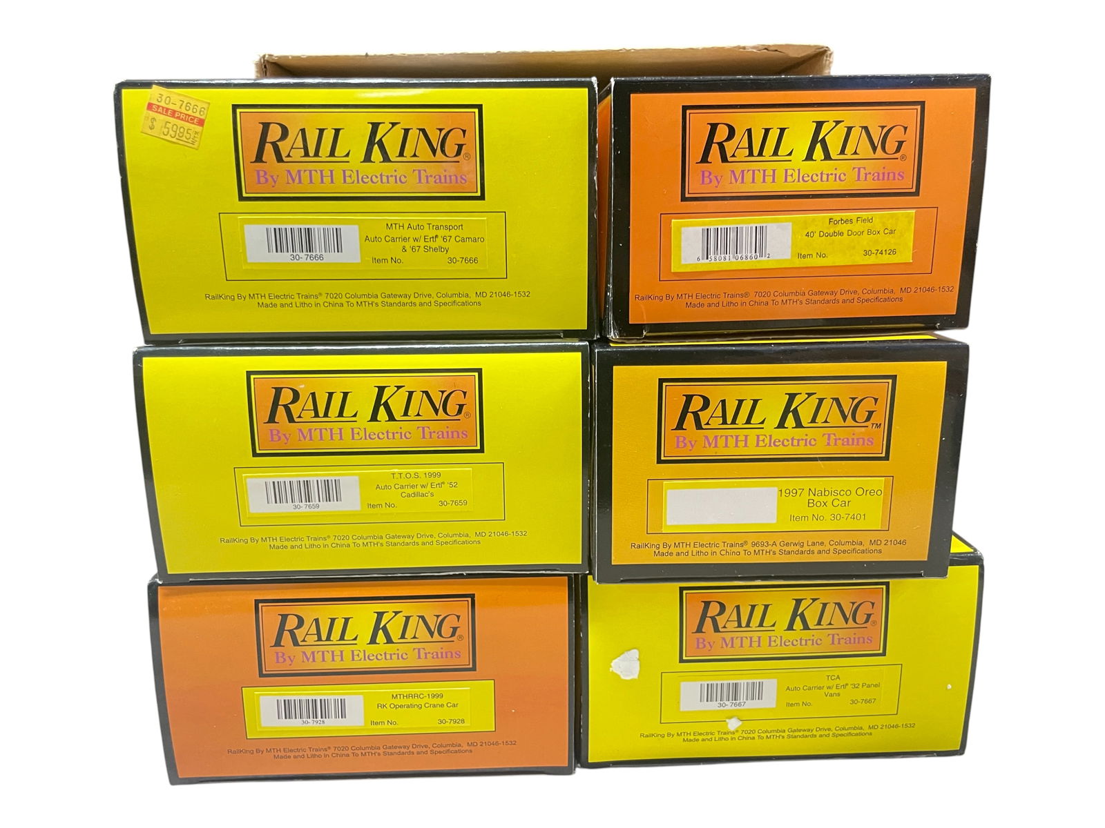 6pc MTH RailKing Freight Cars: 4-Car auto-loaders- 30-7659 & 30-7666; 30-7667; 30-7928; 30-7401; 30-74126. Most appear like new with boxes. Shipping: Weiss Auctions offers full-service, in-house shipping for nearly all items in thi