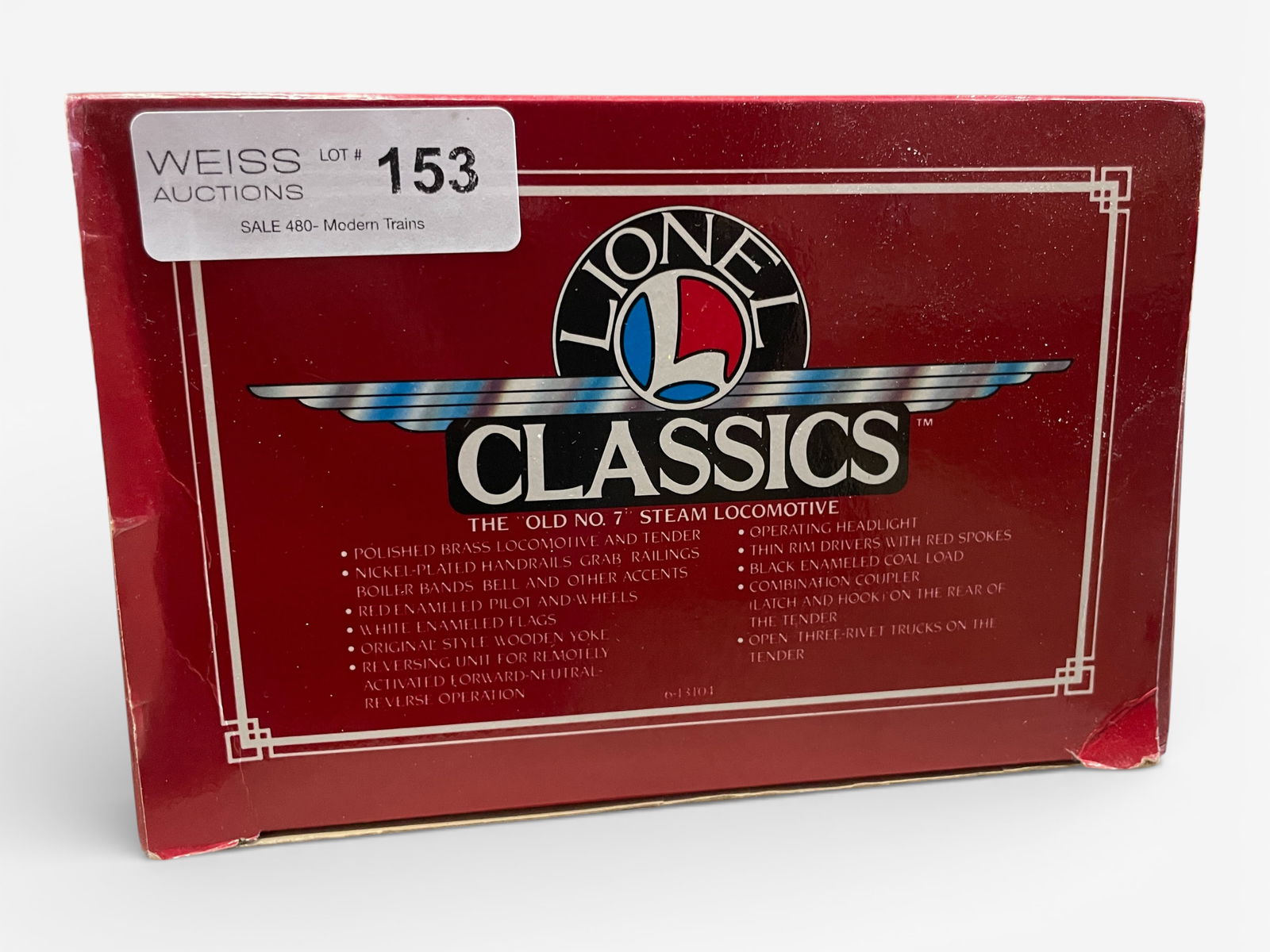 Lionel Classics 13104 No. 7 Steam Loco: Standard Gauge. Nice reissue of Lionel Top-of-the-Line 1910 steam Loco. Thin rim, 3-rivet truck tender in Brass & Nickel Trim. It appears like new with box.Shipping: Weiss Auctions offers