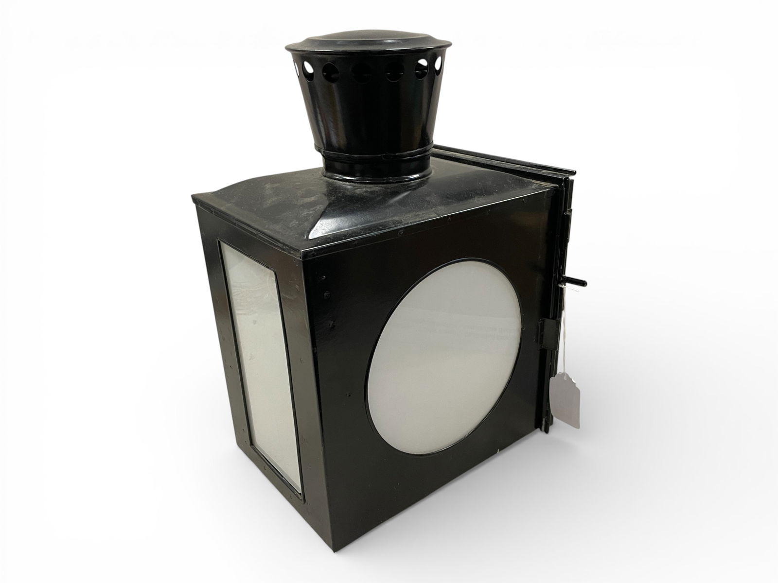 Unusual German Railway Switch Lantern: 12 1/2 X 8 1/2 X 18". Painted pressed steel with milk glass panels. Original oil fixture is present with font & stack, no wick. One glass panel is out of door panel, but intact & included. It shows