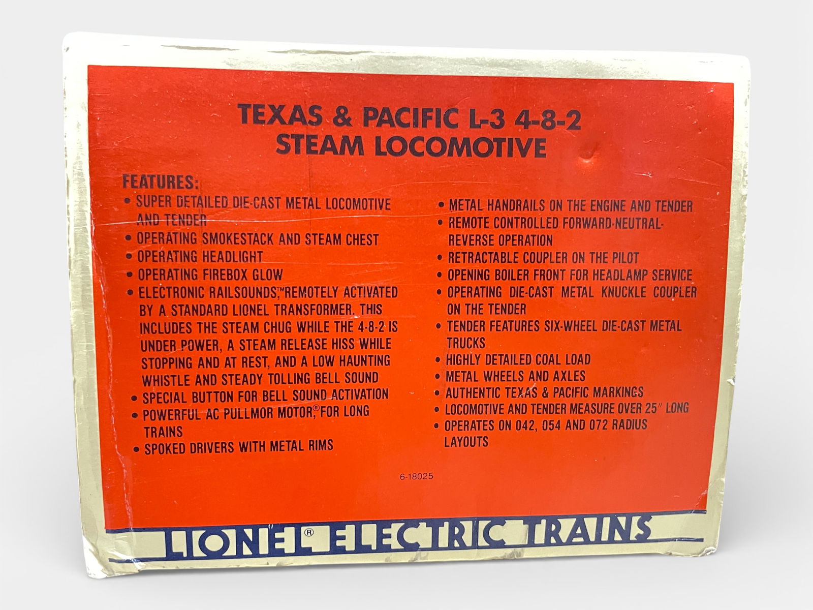 Lionel 18025 T&P L3 Steam Loco: 042. Nice scale 4-8-4 equipped with light/back-up light; Steam RailSounds, Fire Box Glow, smoking stack & chests and more! It shows lightly run wheels with box.Shipping: Weiss Auctions offers