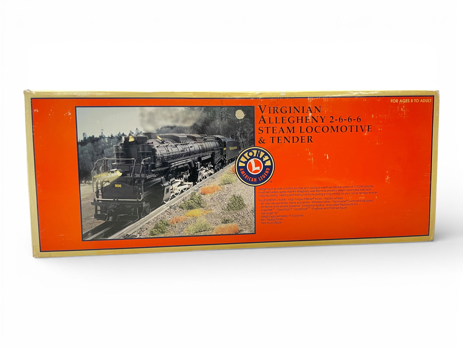 Lionel 28028 Virginian Allegheny: 072. Super 2-6-6-6 Articulated Steam Loco & tender, equipped with TMCC, RailSounds with TowerCom, CrewTalk, DynaChuff, Fan driven smoke and more. It shows light runtime with lightly worn
