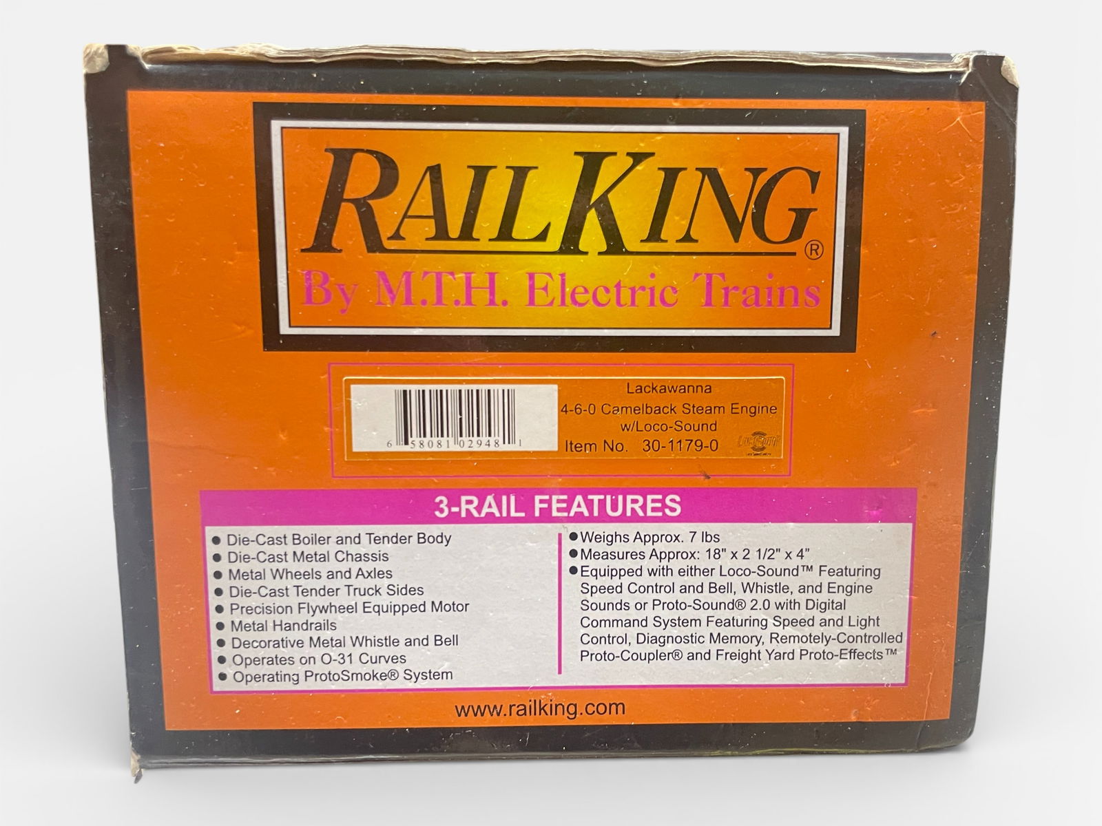 MTH 30-1179-0 Lackawanna Camel Back: Nice 4-6-0 steam loco & tender with light, smoke and LocoSounds. It shows light use with box .Shipping: Weiss Auctions offers full-service, in-house shipping for nearly all items in this auction. For