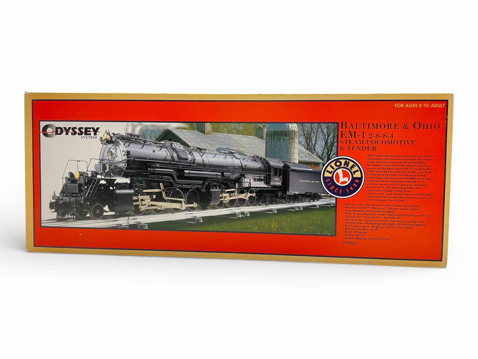 Lionel Odyssey 28051 B&O EM1 Articulated: 072. Baltimore and Ohio EM-1 2-8-8-4 Steam Locomotive and Tender. Features TMCC, RailSounds, Odyssey Control System, and more. It shows signs of display with nice box. Shipping: Weiss Auctions offers