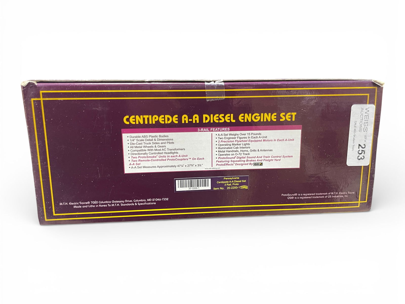 MTH 20-2200-1 PRR Centipede: 072. The longest diesel made, 64 wheels in the AA units. Equipped with Flywheel drive, ProtoSounds, ProtoCouplers and more! They show light use with set box. Shipping: Weiss Auctions offers full-servi