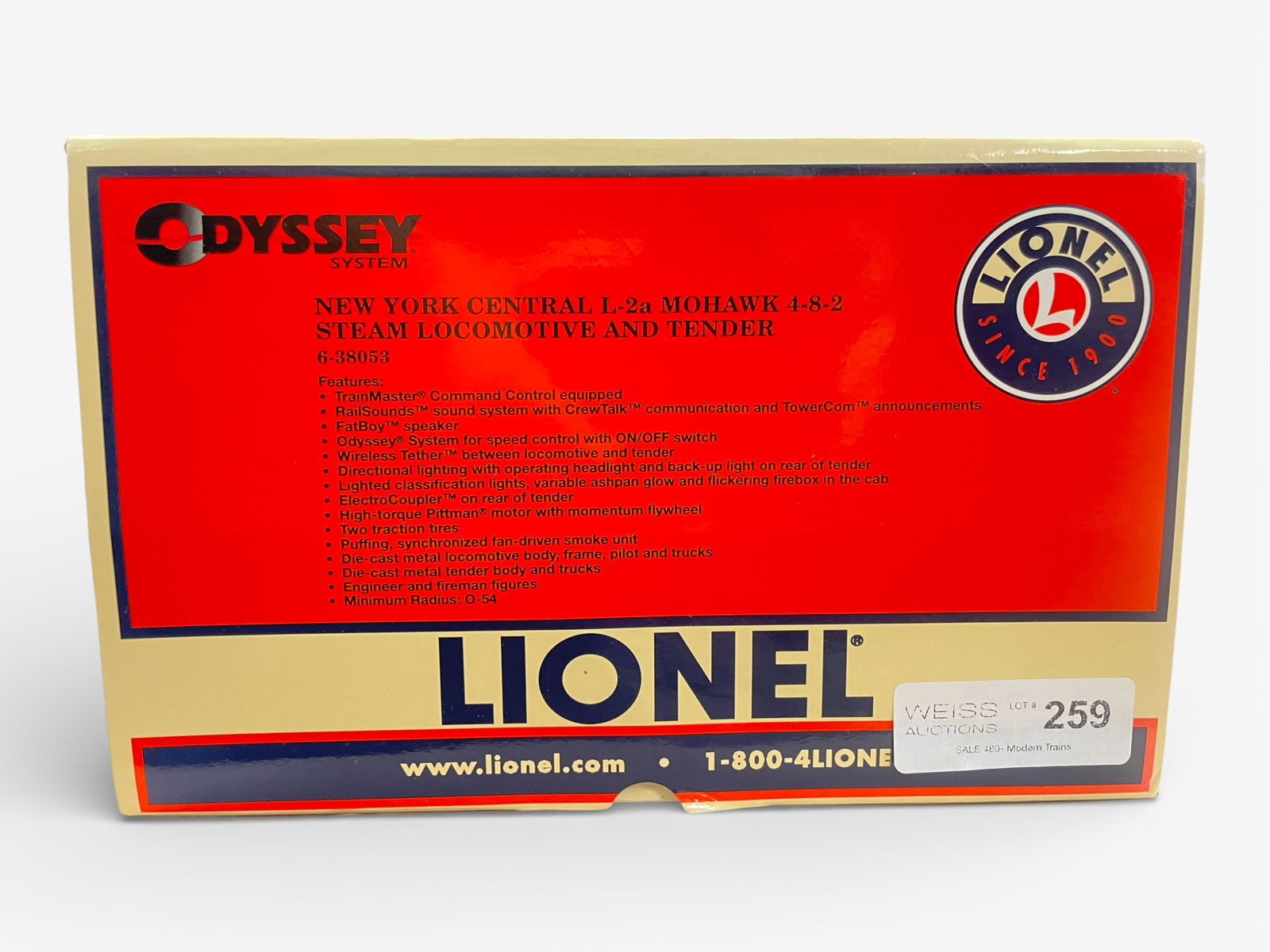 Lionel 38053 NYC Mohawk Steam Loco: 054. Nice scale 4-8-2 equipped with TMCC, RailSounds with TowerCom, CrewTalk, Odyssey Controls and more. It shows signs of display with nice box.Shipping: Weiss Auctions offers full-service, in-house