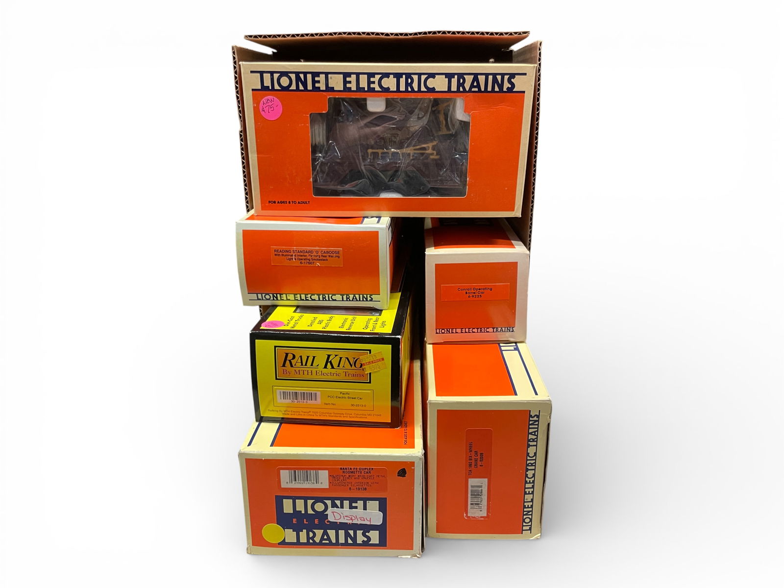 6 Assorted Modern Trains: Includes MTH 30-2513-0 Pacific Street car; Lionel 8379 Motorized Fire Car; 17607 Smoke Caboose; 9225 Oper. Barrel Car; 52006 Operating Crane; 19138 NYC Roomette. Most show light use with boxes. Shippi