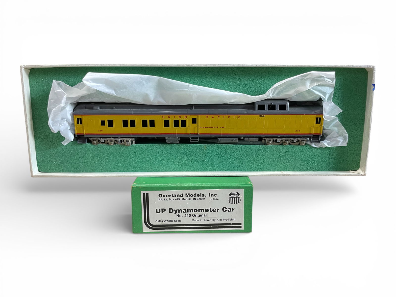 Overland Brass HO UP Dynamometer Car: HO Gauge. nice factory painted NON -Powered Rail measurer, #210 Original. It shows no run time with nice box.Shipping: Weiss Auctions offers full-service, in-house shipping for nearly all items in