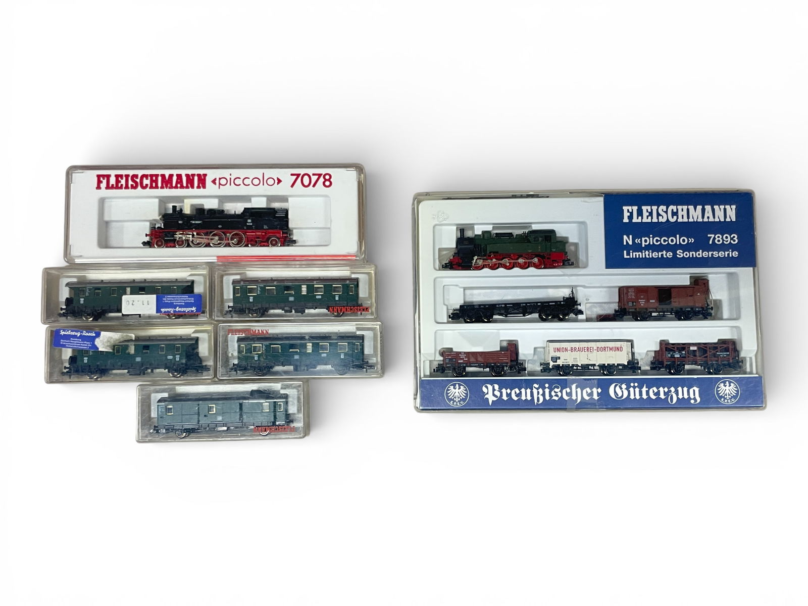 7pc Fleischmann Goods & Passenger Sets: N Gauge. Includes a 7078 DB BR78 246 4-6-4t Tank loco; 2-8061; 2-8062 & 8060 4-whl 6pc Goods set with? pass cars; 7893 6pc Goods set with DB 0-10-0t tank loco with 5 goods wagons. All appear like new