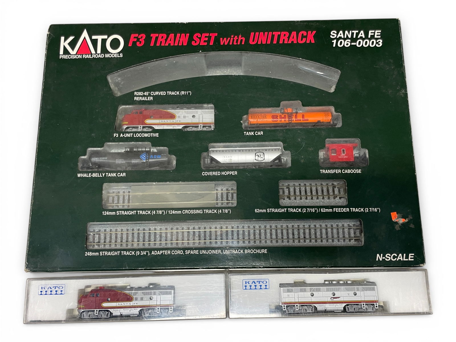 Kato N ATSF Trains Lot: N Gauge. Includes a 106-0003 ATSF F3 Diesel freights, missing some curves176-189 & 176-194 ATSF F3 AB Diesels. All otherwise appear like New in boxes.Shipping: Weiss Auctions offers full-service,