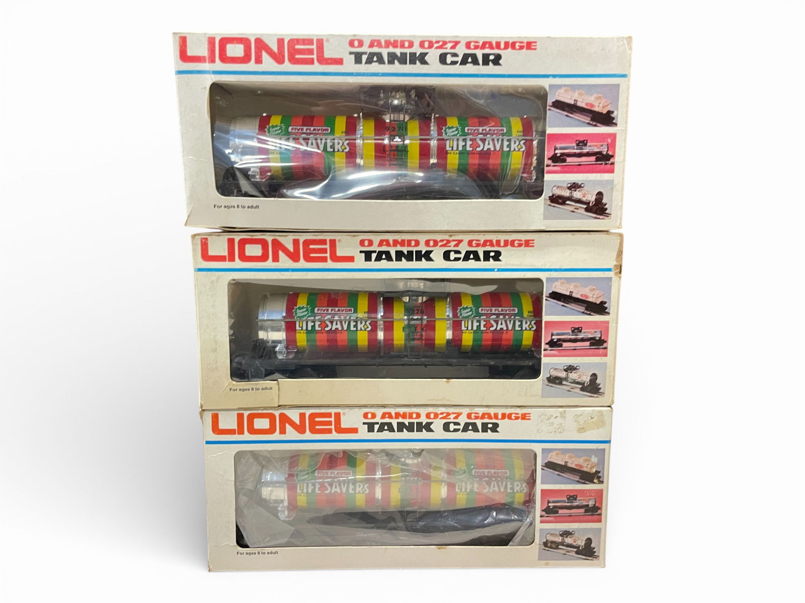 3 Lionel MPC 9278 Life Savers Tank Cars: All are unrun with lightly shop worn boxes.Shipping: Weiss Auctions offers full-service, in-house shipping for nearly all items in this auction. For a shipping quote, please contact us prior to the