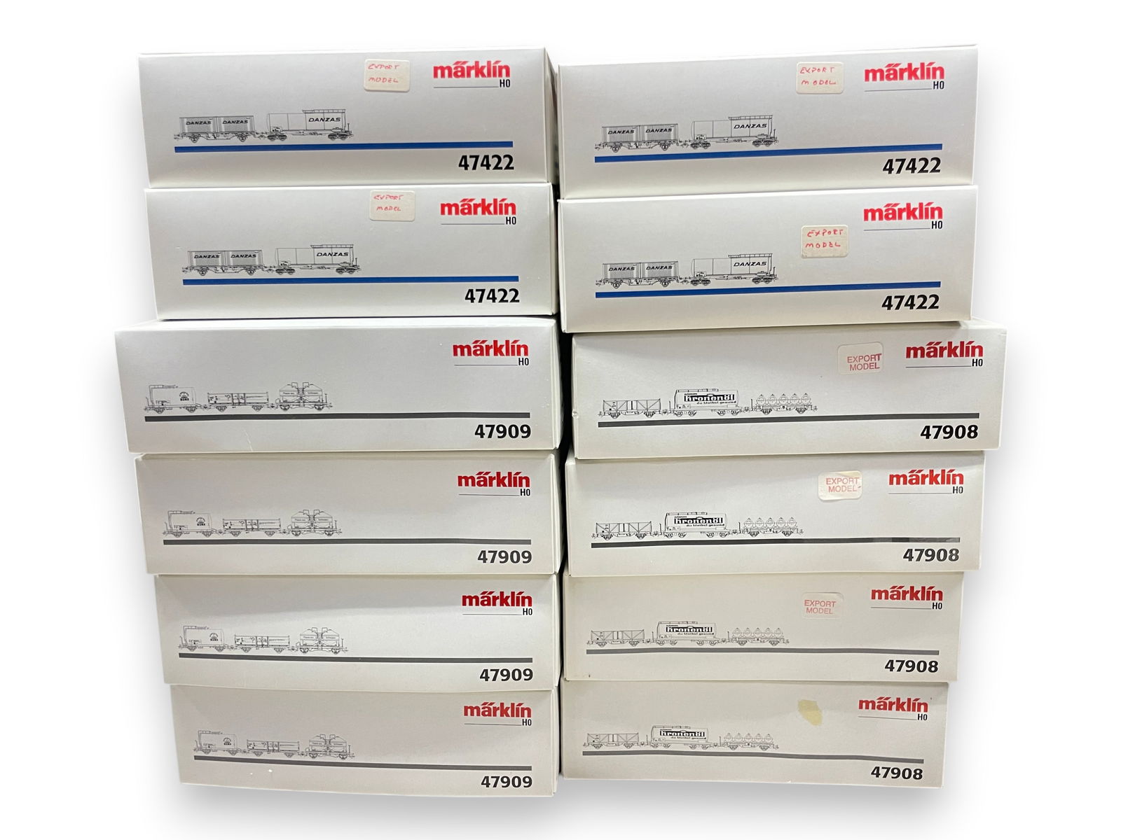 12pc Marklin STORE STOCK: 4 Each Car Assortments: HO Gauge. Includes 4 each of 47909, 47908 & 47422. All appear new in boxes. Shipping: Weiss Auctions offers full-service, in-house shipping for nearly all items in this auction. For a shipping quote,