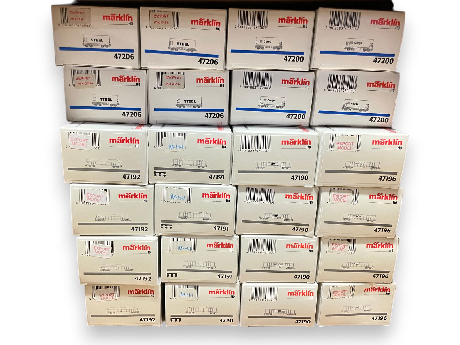 24pc Marklin STORE STOCK: 4 Each Car Freight Cars: HO Gauge. Includes 4 each of 47190, 47191, 47192, 47196, 47200 & 47206. All are new in boxes.Shipping: Weiss Auctions offers full-service, in-house shipping for nearly all items in this auction. For