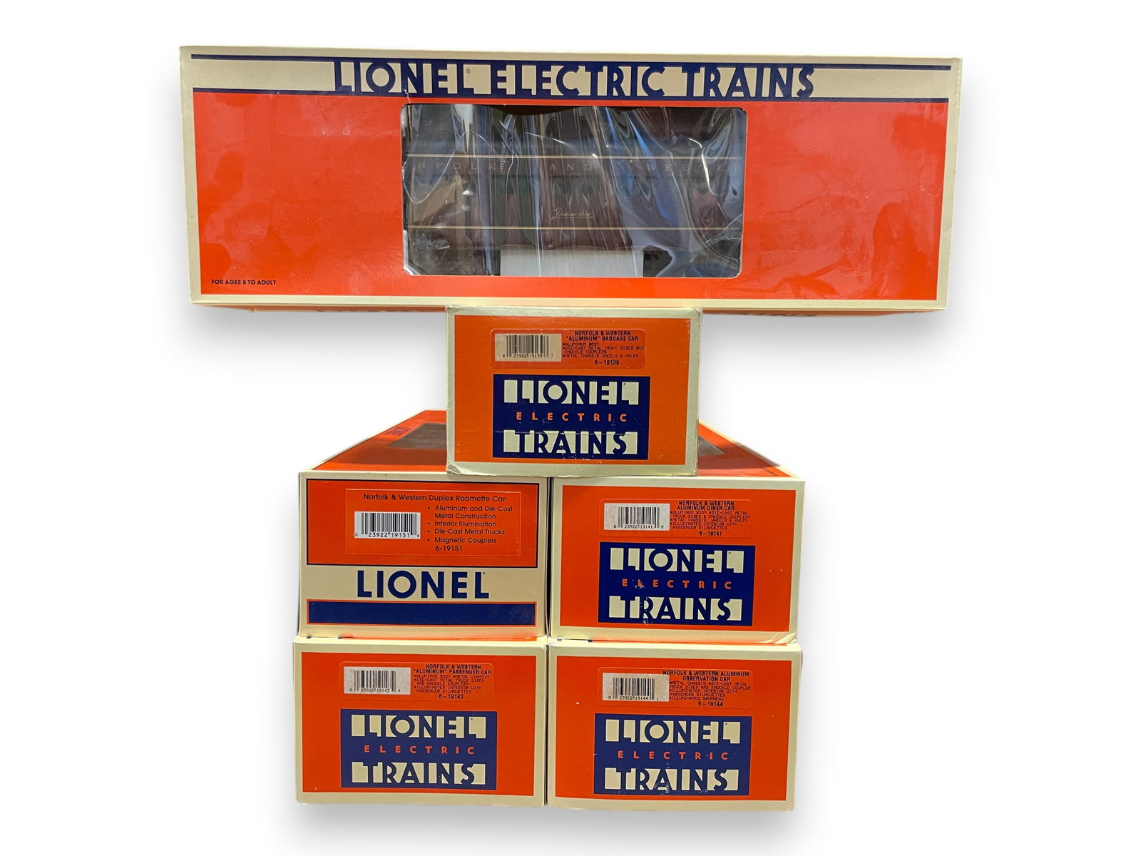 6 Lionel N&W Aluminum Pass Cars: Includes 19139, 19141 through 19144, Plus a 19151 Roomette. All appear like new with boxes. Shipping: Weiss Auctions offers full-service, in-house shipping for nearly all items in this auction. For a