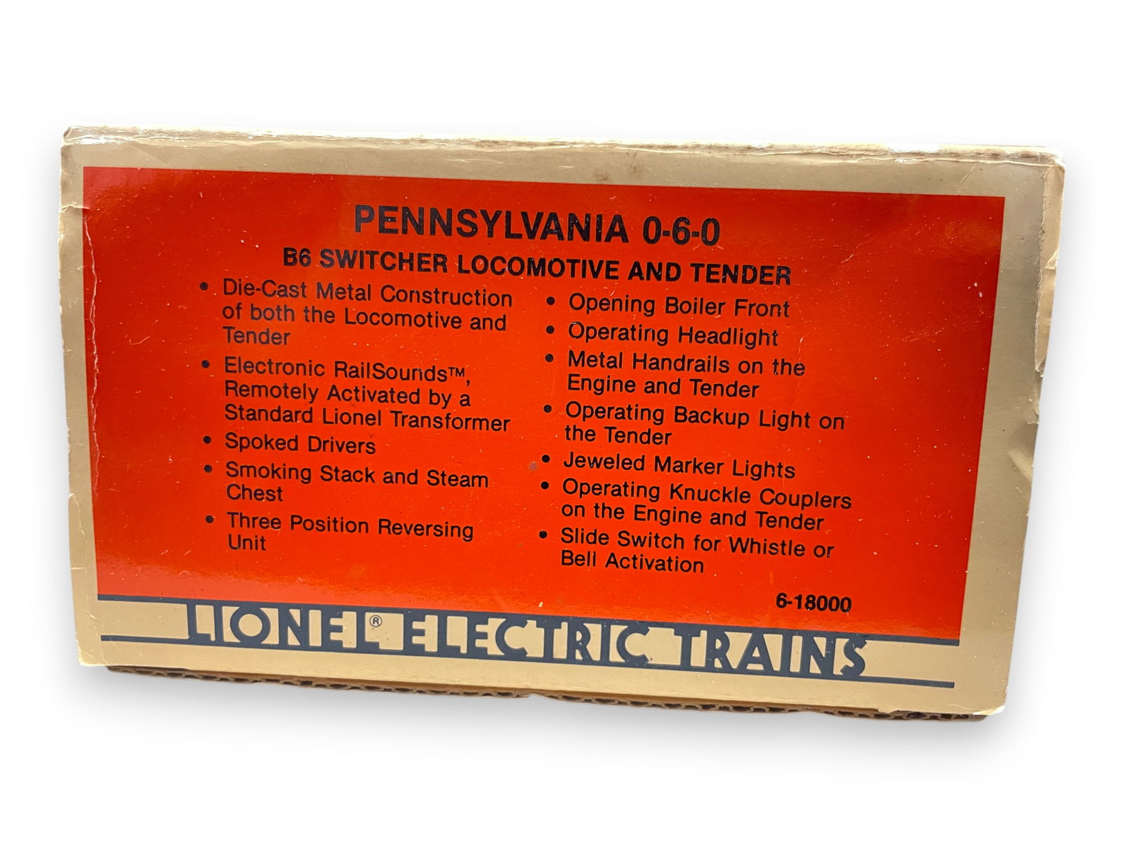 Lionel 18000 Scale PRR 0-8-0 Switcher: 1st of the scale models with Light, smoking Stack & Chests, RailSounds; Tender with & Back-up light with Whistle or Bell. It shows lightly run wheels with nice box.Shipping: Weiss Auctions offers