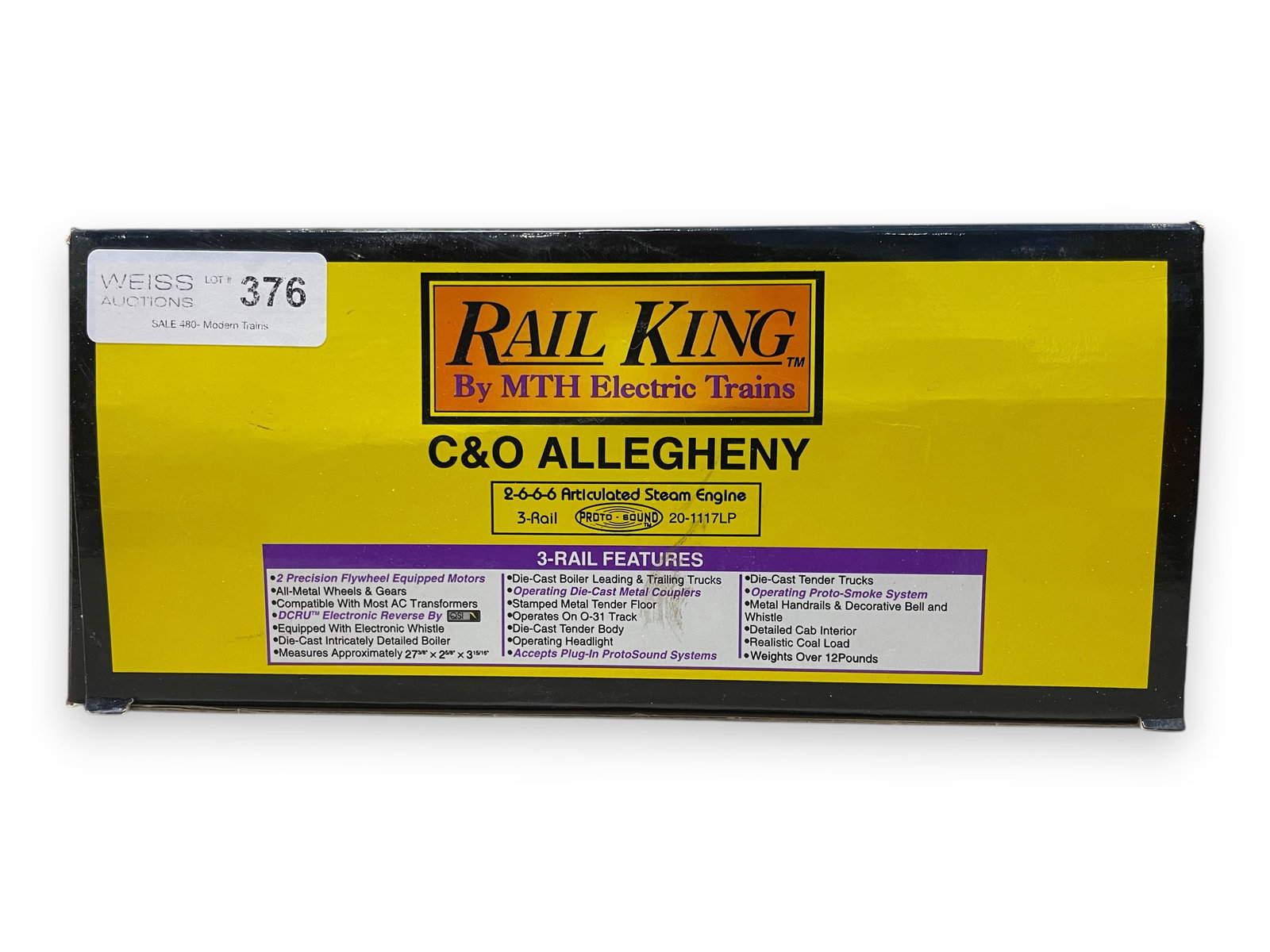 MTH RailKing 20-1117 C&O Allegheny: 031. Nice 2-6-6-6 articulated steamer with light, ProtoSmoke;? and ProtoSounds. It shows test run wheels with nice set box. Shipping: Weiss Auctions offers full-service, in-house shipping for nearly a