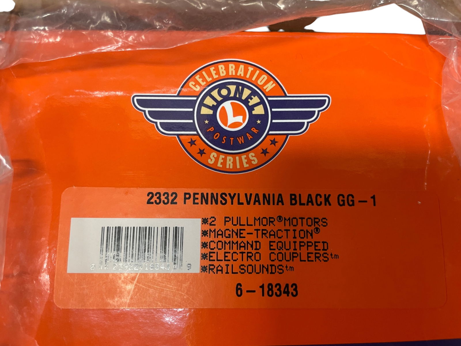 Lionel 18343 Celebration Black GG1: Nice reissue Black 2332, now with dual motors, TMCC & RailSounds. It shows light use with box & shipper.Shipping: Weiss Auctions offers full-service, in-house shipping for nearly all items in this