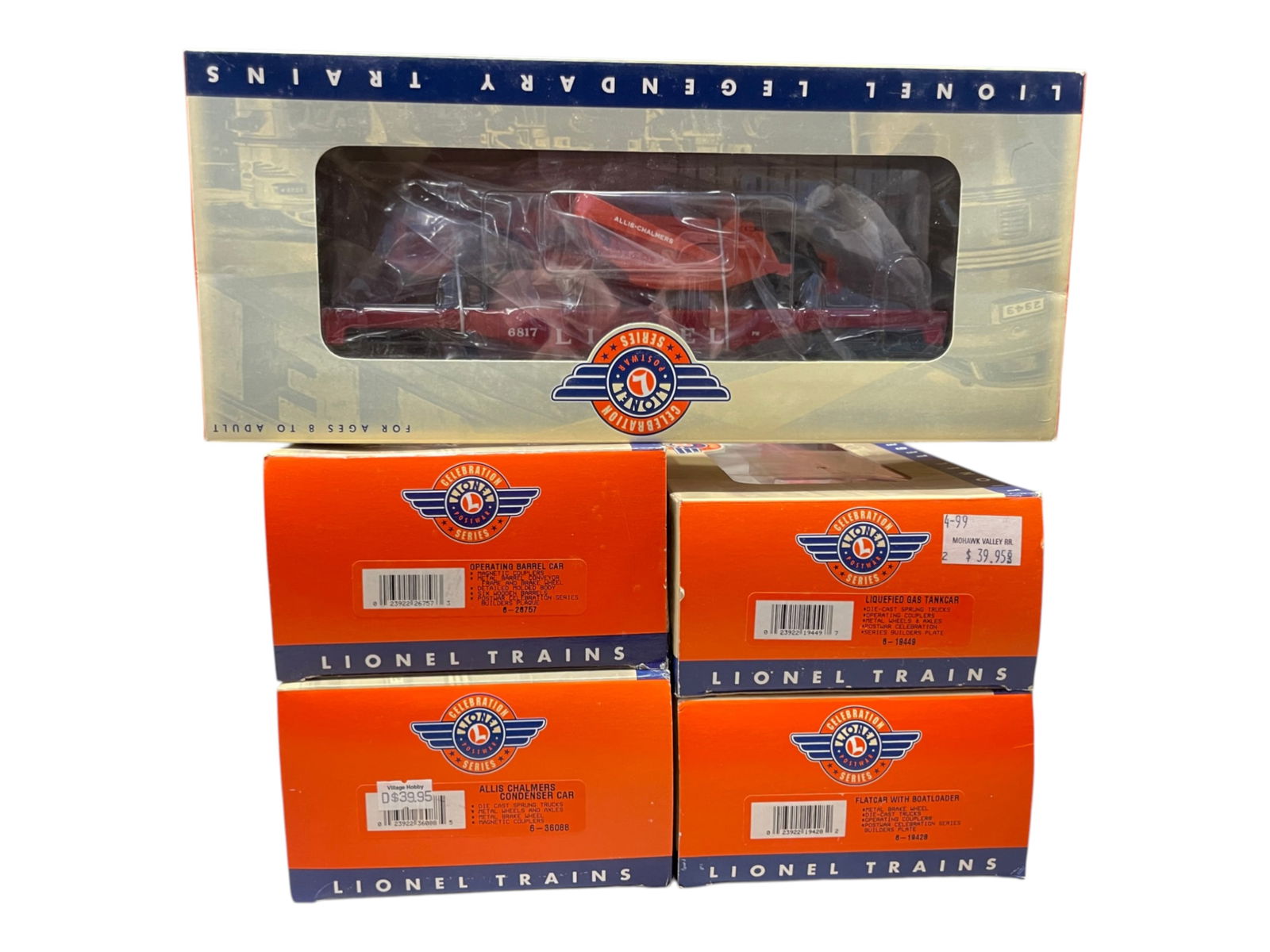 5 Lionel Celebration Series Freights: Includes 26024(6817 Scraper); 19428(6501 Jet Boat); 19449(6469 Gasses); 26757(3562 Barrel); 36088(6519 Chalmers). All show light use with boxes.Shipping: Weiss Auctions offers full-service, in-house