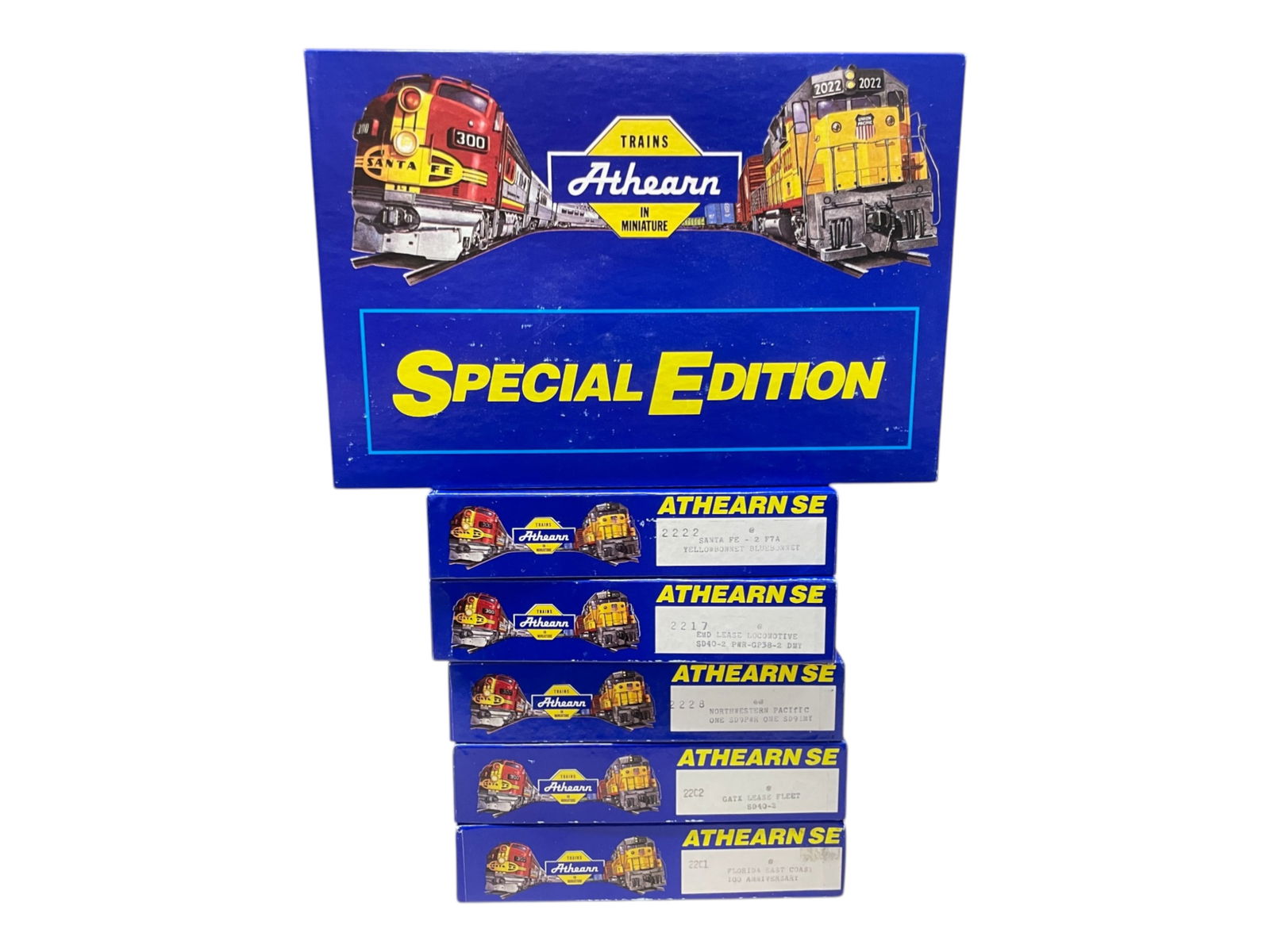 6 Sets Athearn Special Edition Diesels: HO Gauge. Includes 2201 FEC GP40-2 AA #445 & 447; 2202 GATX Lease SD40-2 AA; 2228 NP SD9 AA; 2217 EMD Lease SD40-2/GP38-2 AA; 2222 SF F7 Yellow & Blue Bonnet AA; 2224 EJ&E GP38 Pwr. 2-unit sets, 1 is