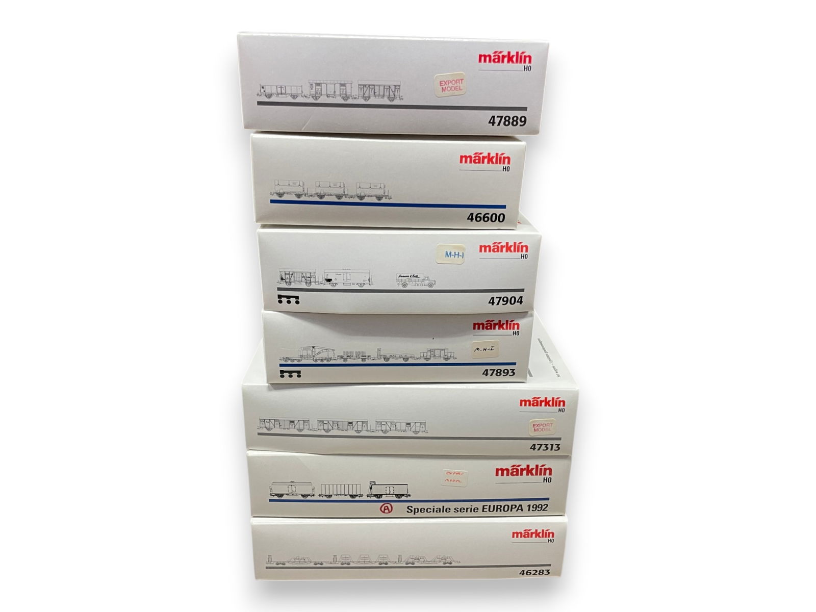 7 Marklin HO Freight Car Assortments: HO Gauge. Includes 4pc set-47893, 3pc sets- 1992 Europa, 47313, 46283, 47889, 47904 & 46600. All appear new in set boxes. Shipping: Weiss Auctions offers full-service, in-house shipping for nearly all