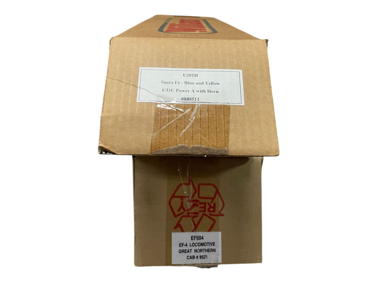 2 Williams Locomotives: Includes an EF504 GN EF4 Electric Loco with True Blast II Horn & Bell; U201H SF Blue U33C Diesel with lights and horn. They show light run time with boxes & shippers.Shipping: Weiss Auctions offers