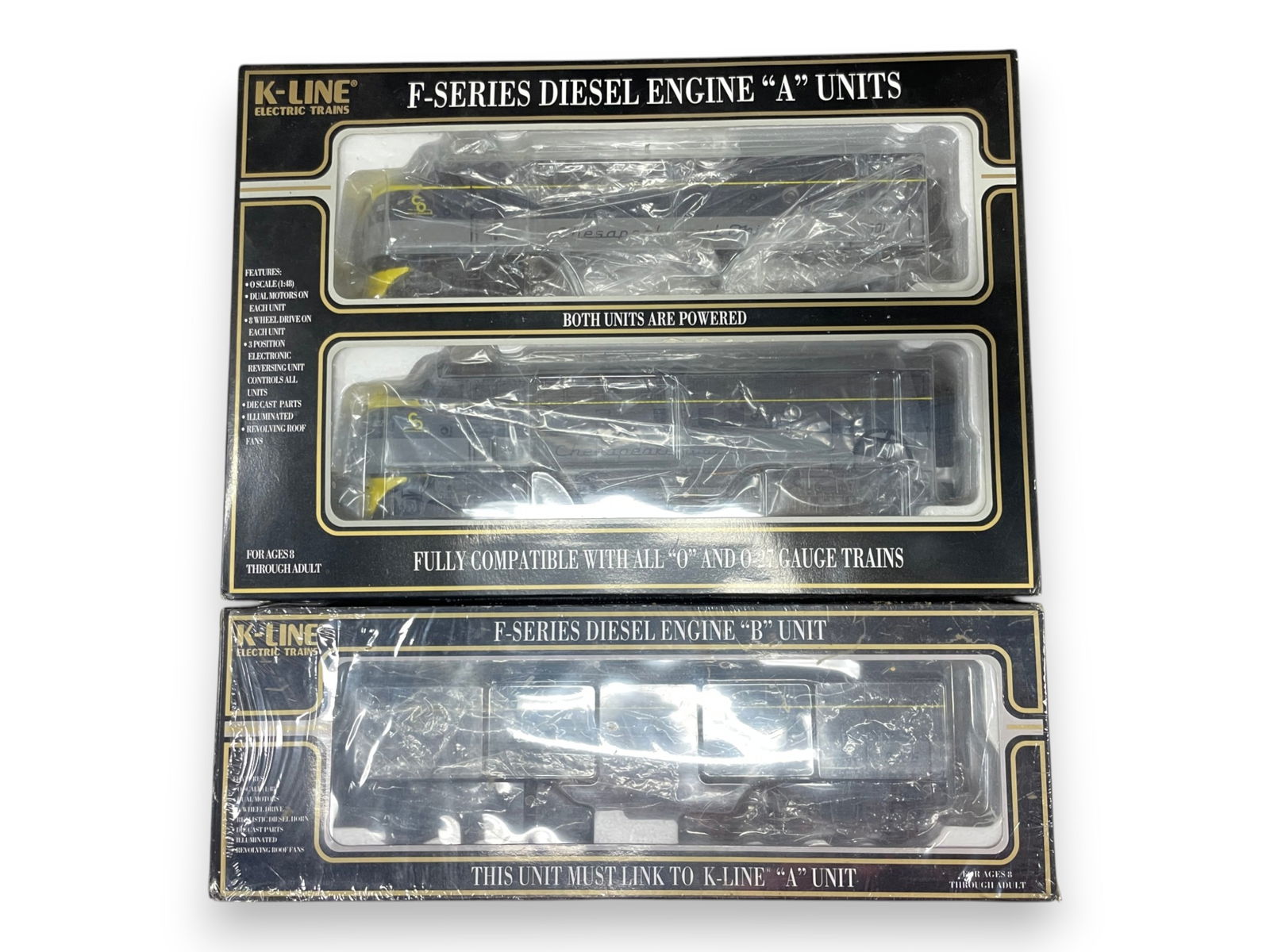 K-Line C&O F7 ABA Diesel Set: Nice set with all 3 units dual powered. AA has lights, moving fan vents and more, B-Unit has diesel Horn. All show light run time with boxes.Shipping: Weiss Auctions offers full-service, in-house