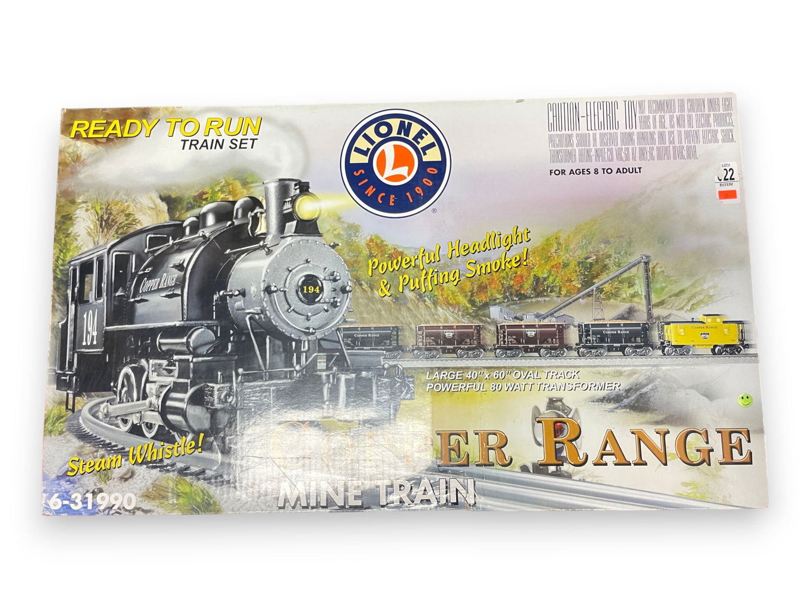 Lionel 13190 Copper Range Mining Set: Includes an 0-6-0 cast steam switcher with smoke, directional lights and whistle; 4 Ore cars and lighted caboose. ZW80 with Fastrack. All show light use with boxes, inserts and nice LARGE set
