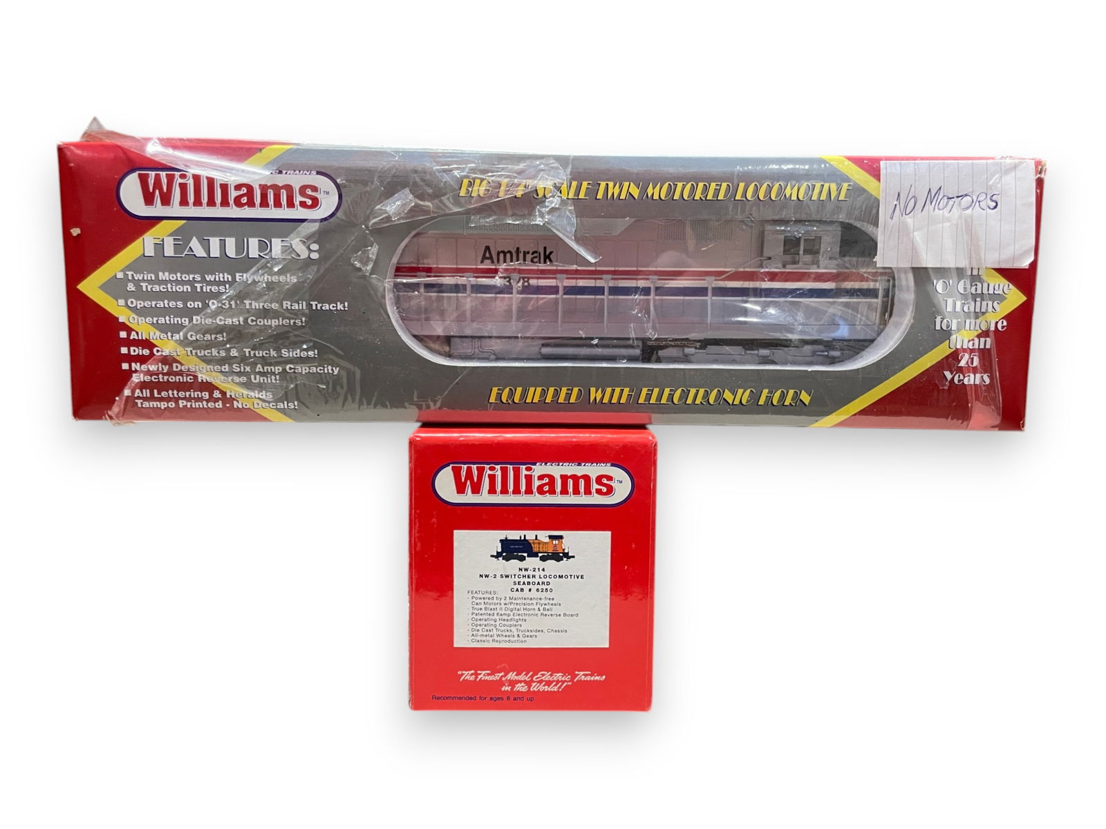 2 Williams Diesels: Includes NW214 Seaboard NW2 Diesel with dual motors and True Blast II Horn & Bell; 99328 Amtrak SD45 DUMMY Diesel. They show light use with boxes.Shipping: Weiss Auctions offers full-service,