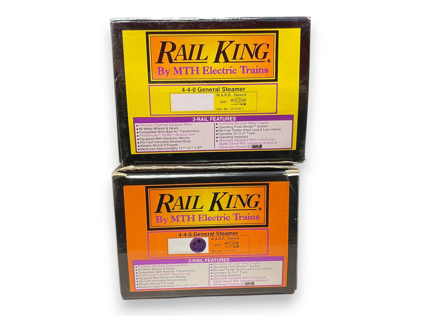 2 MTH RailKing 30-1120-1 WARR Generals: They are all die cast with flywheel drive, Lights, ProtoSmoke, ProtoSounds and more. Both show light use with boxes. Shipping: Weiss Auctions offers full-service, in-house shipping for nearly all item