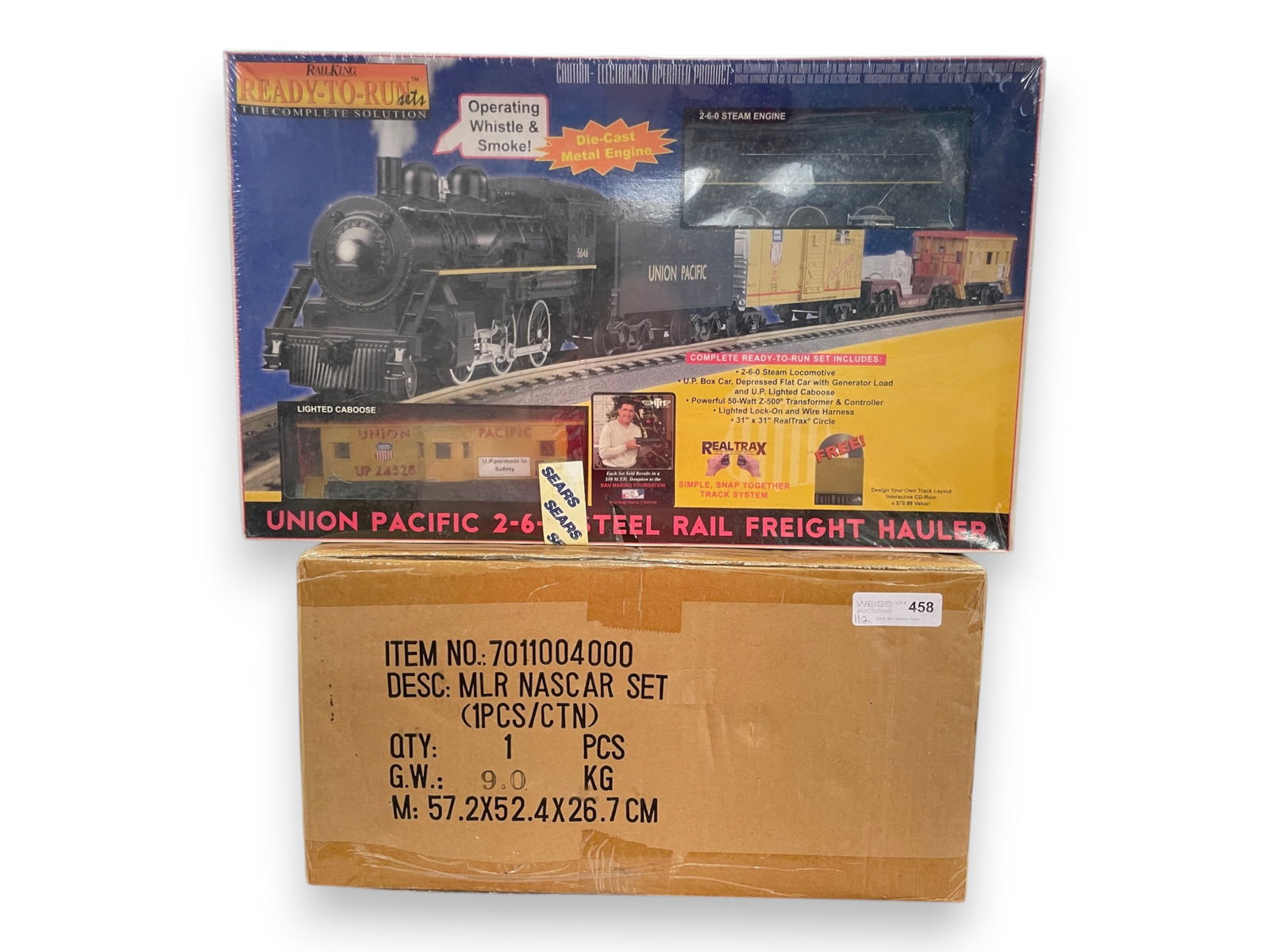MTH & Lionel Starter Sets: Includes a Lionel 81630 NASCAR Set sealed in shipper. MTH 30-4048-0 UP Steel Rail Hauler set, sealed in cellophane Shipping: Weiss Auctions offers full-service, in-house shipping for nearly all items