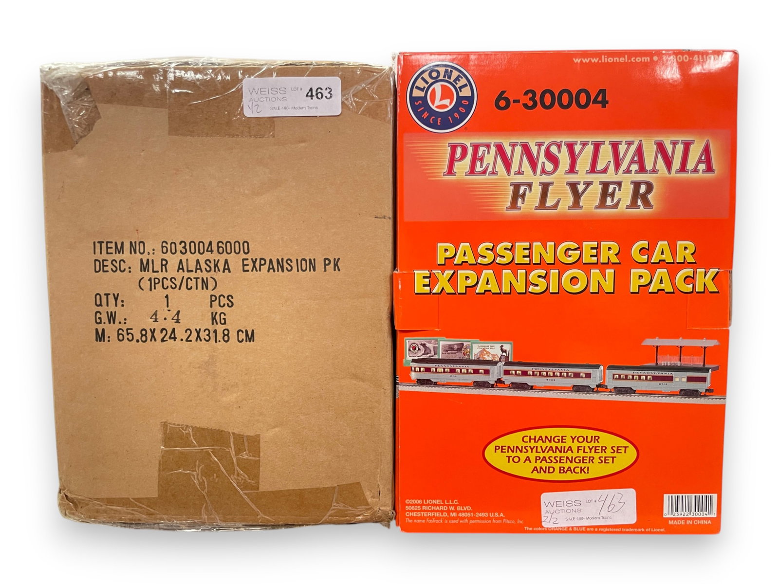 2 Lionel Expansion Packs: Includes a 30046 Alaska Set, factory sealed in shipper; 30004 PRR Flyer expansion set with contents showing light use with set box.Shipping: Weiss Auctions offers full-service, in-house shipping for