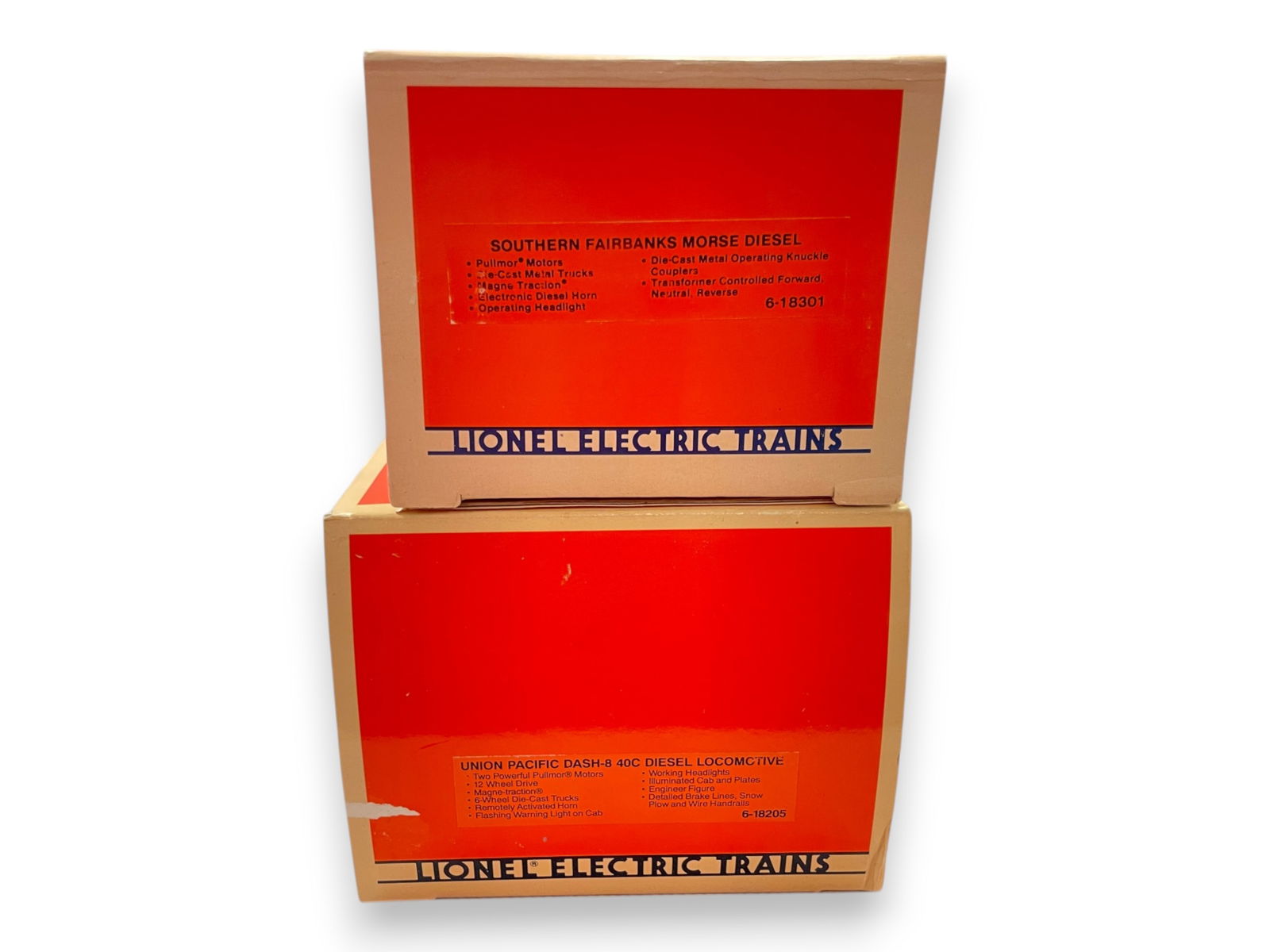 2 Lionel Diesels: Includes an 18301 Southern FM with dual motors, lights and horn; 18205 UP Dash8 40c diesel with dual motors, light, strobe and horn. They show light run time with boxes. Shipping: Weiss Auctions offer