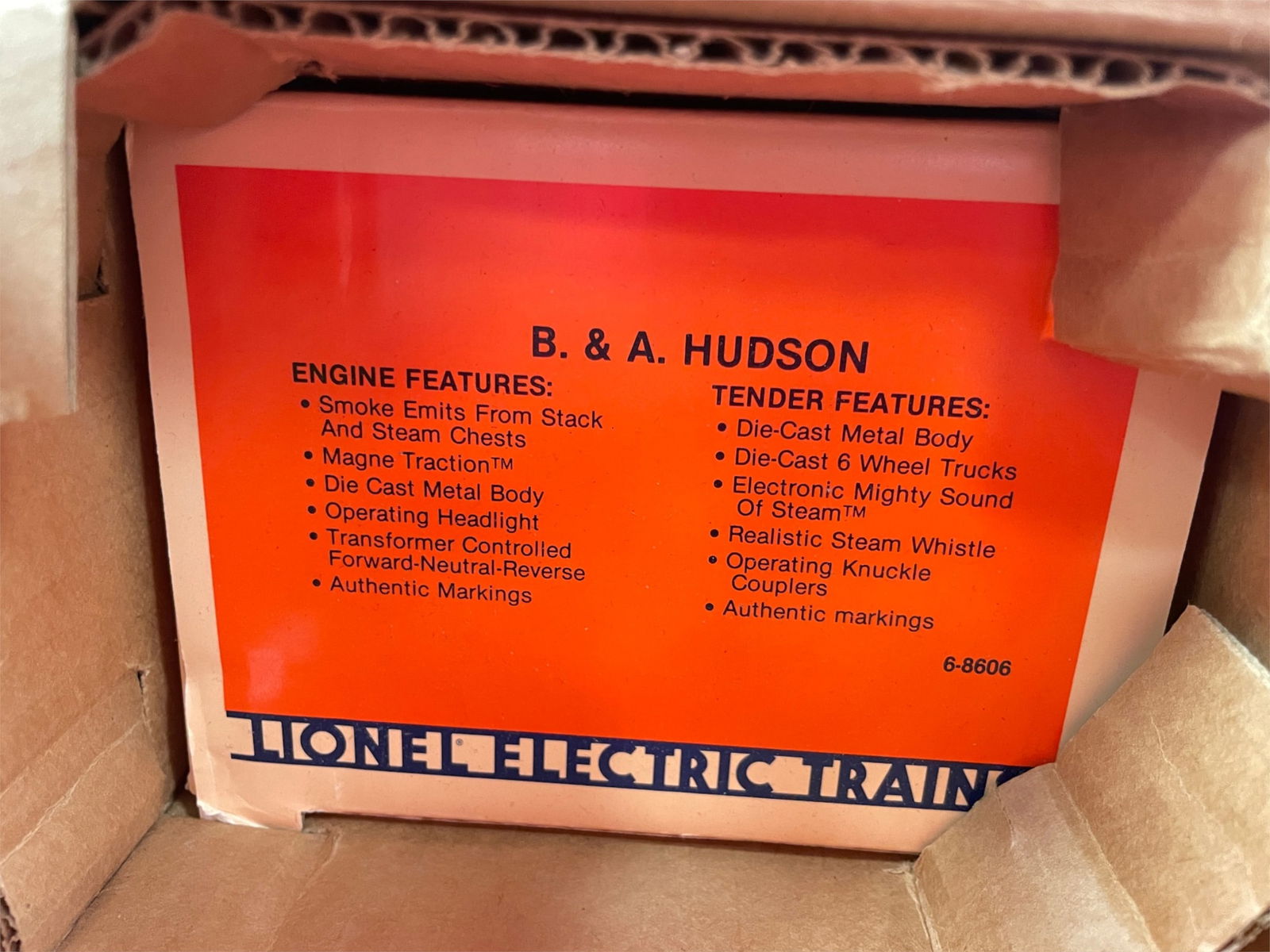 Lionel 8606 B&A Hudson: Early Lionel 773 style Hudson now with Smoking stack & chests, SOS, light & whistle. Shows test run wheels with box & shipper.Shipping: Weiss Auctions offers full-service, in-house shipping for