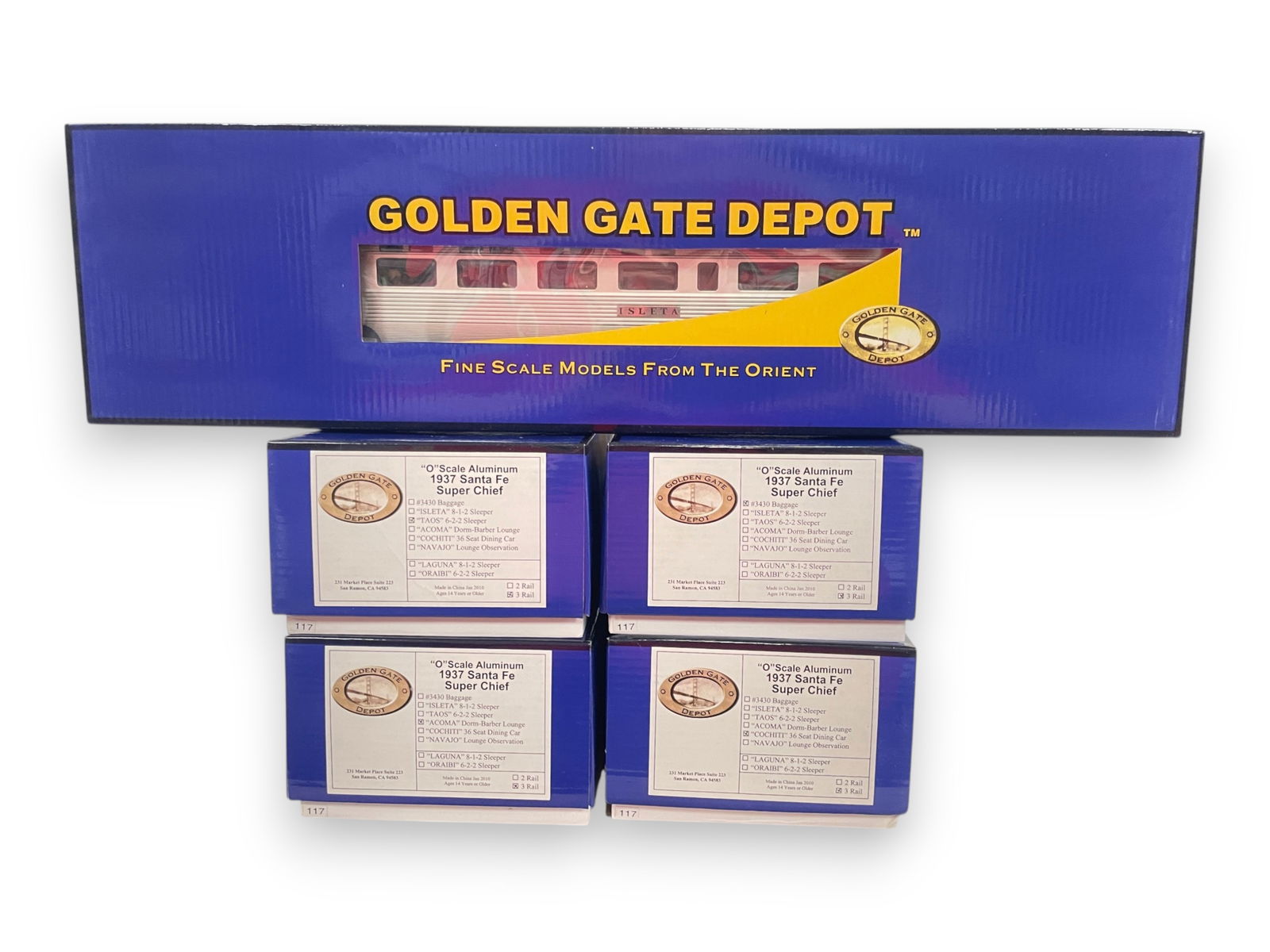 5 Golden Gate Depot SF Pass Cars: 3-rail Aluminum bodied Super Chief cars, 3 with interiors and figures. All are new in boxes with shipper.Shipping: Weiss Auctions offers full-service, in-house shipping for nearly all items in this