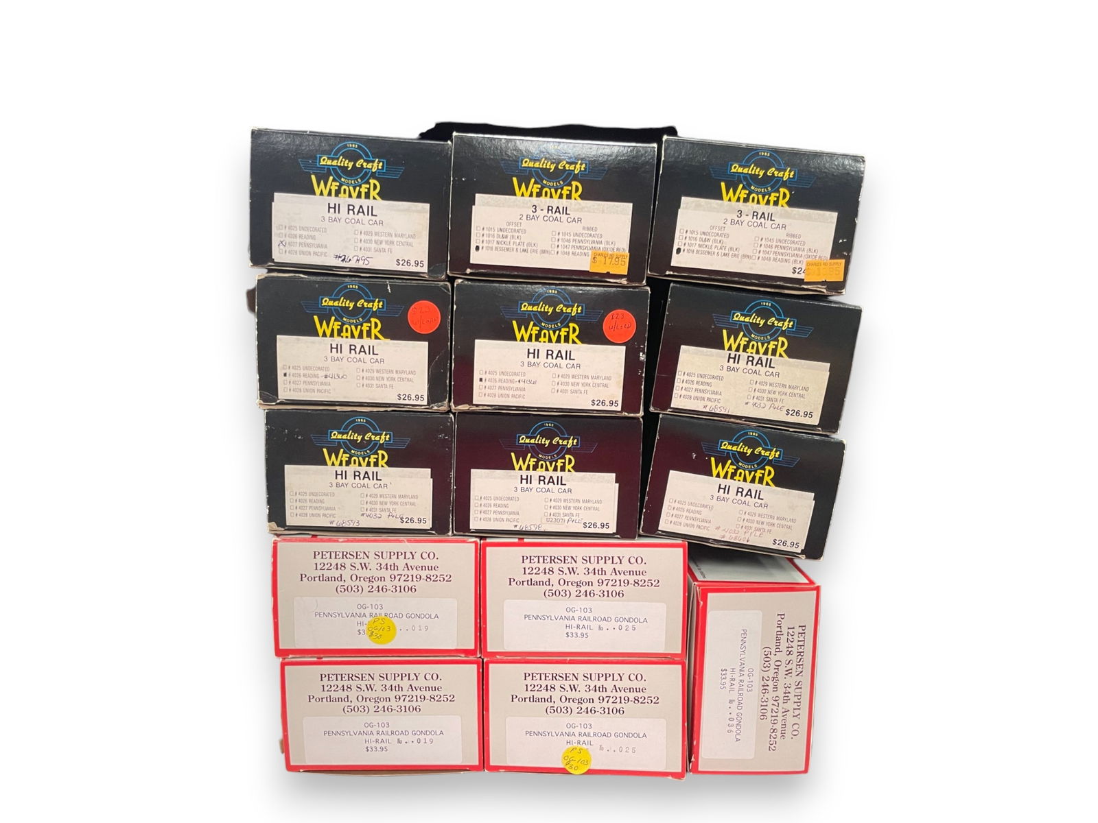 14 Weaver & Peterson Freight Cars: Assorted mostly hoppers, all showing light use with boxes. See photos for lot inventory.Shipping: Weiss Auctions offers full-service, in-house shipping for nearly all items in this auction. For a