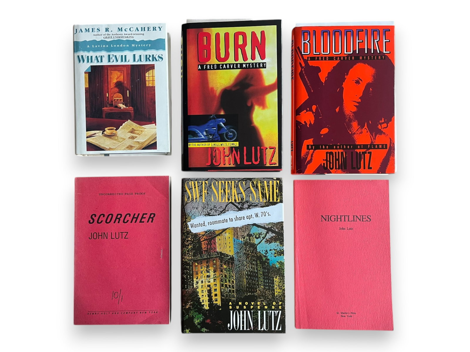 (34) Detective & Mystery Fiction, L & M: Group of thirty-four volumes of detective and mystery fiction by authors whose last names begin with the letters L and M. Includes hardcover first editions in dust jackets and advanced proofs in