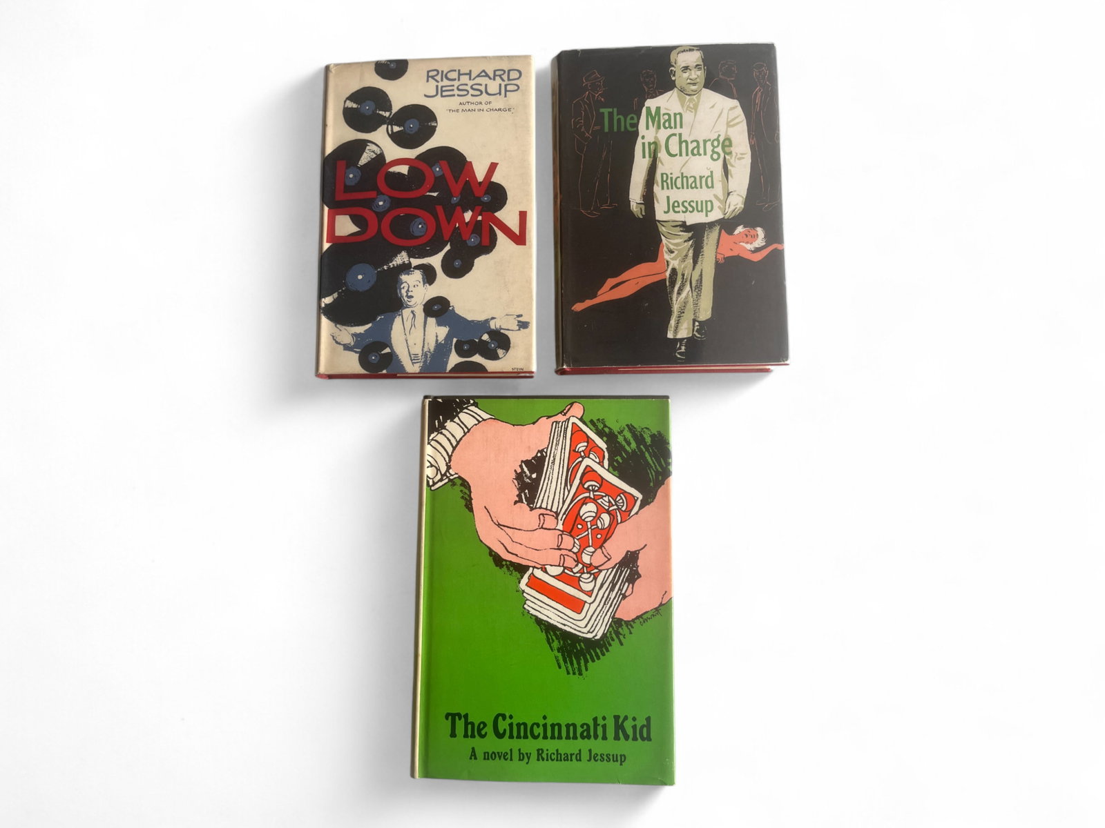 (3) Richard Jessup 1sts in Dust Jackets: Three first editions in dust jackets by Richard Jessup: U.S. first of The Cincinnati Kid, and UK firsts of The Man in Charge and Lowdown. From the Otto Penzler Collection Shipping: Weiss Auctions