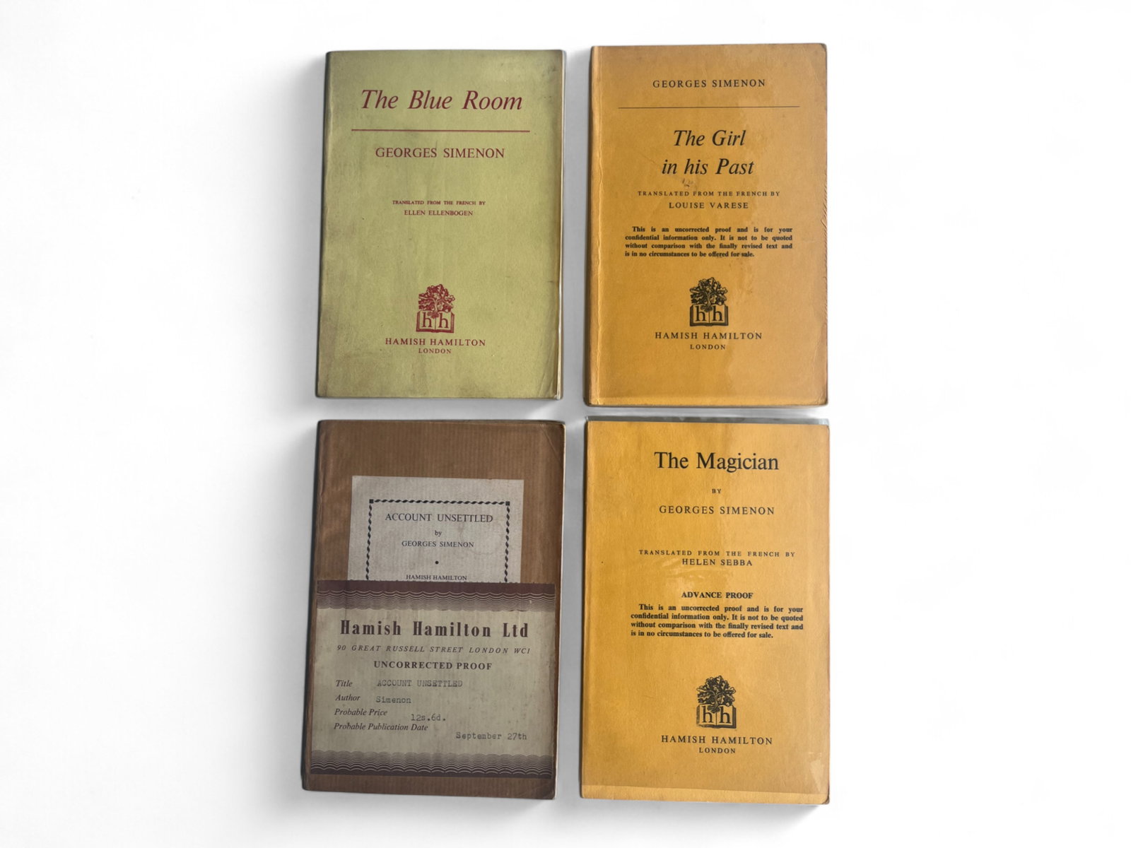 (4) Simenon UK Proofs in Wraps: Group of four U.K. advance proofs in wraps: The Girl in His Past, Account Unsettled, The Magician, and The Blue Room. All copies VG to fine. From the Otto Penzler Collection Shipping: Weiss Auctions