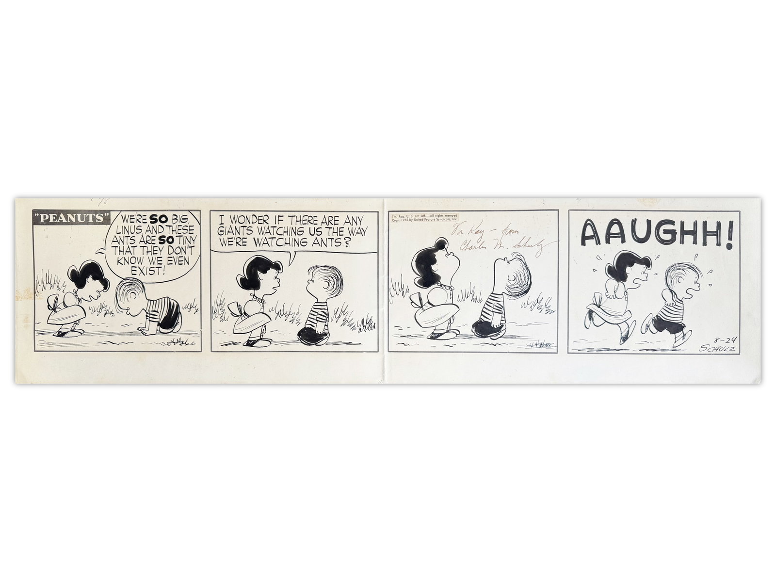 1955 Peanuts Daily "AAUGHH!" by Schulz: Original early four-panel Peanuts daily comic strip by Charles M. Schulz, dated August 24, 1955, featuring Lucy and Linus in one of the strip?s early philosophical exchanges. Lucy remarks on the size
