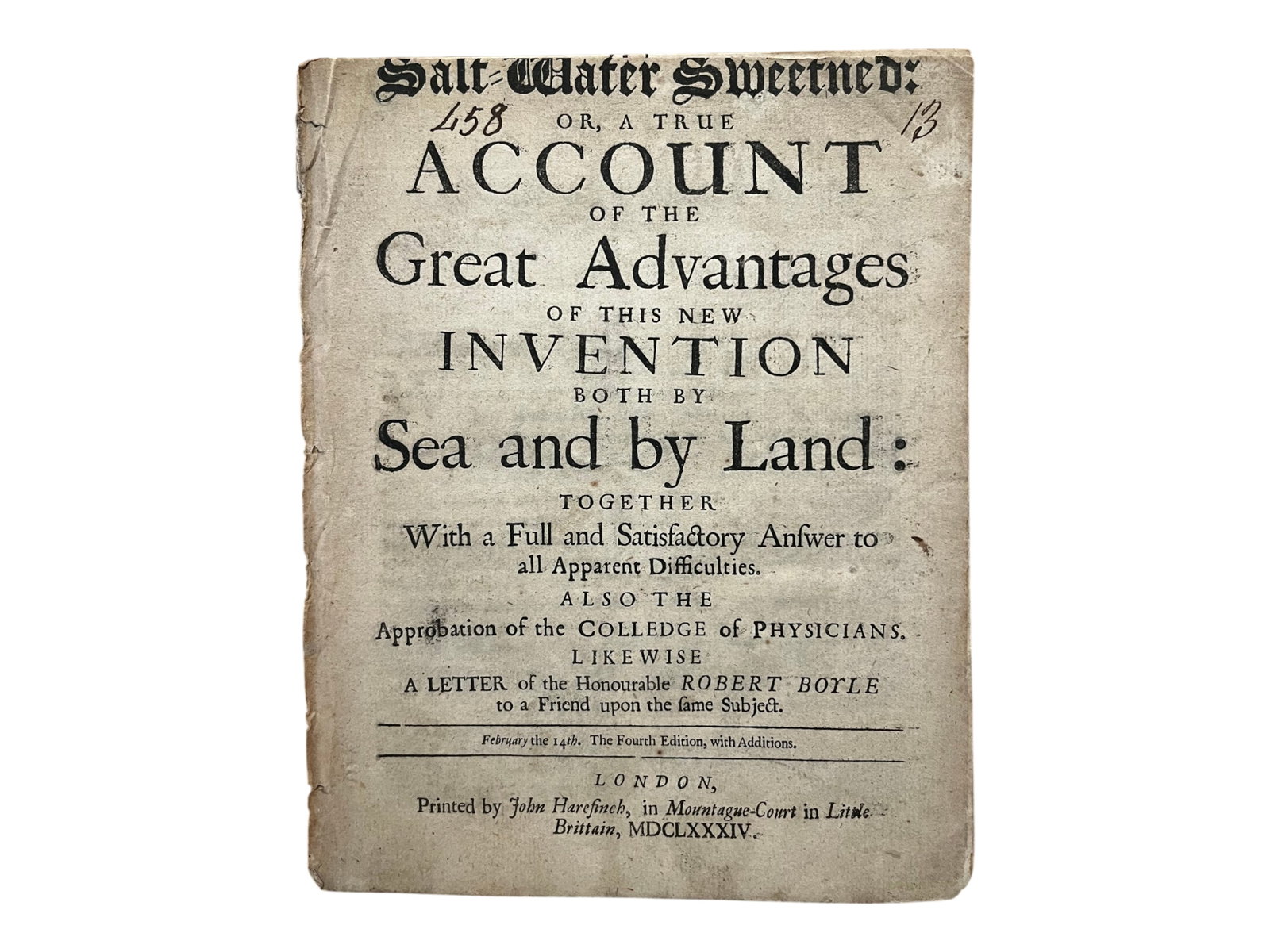 Fitzgerald Saltwater Sweetened: Robert Fitzgerald, Saltwater Sweetened, London, 1684. Fourth edition with additions. Disbound, 13 pages, slightly trimmed at the top. A scarce scientific reference. Shipping: Weiss Auctions offers