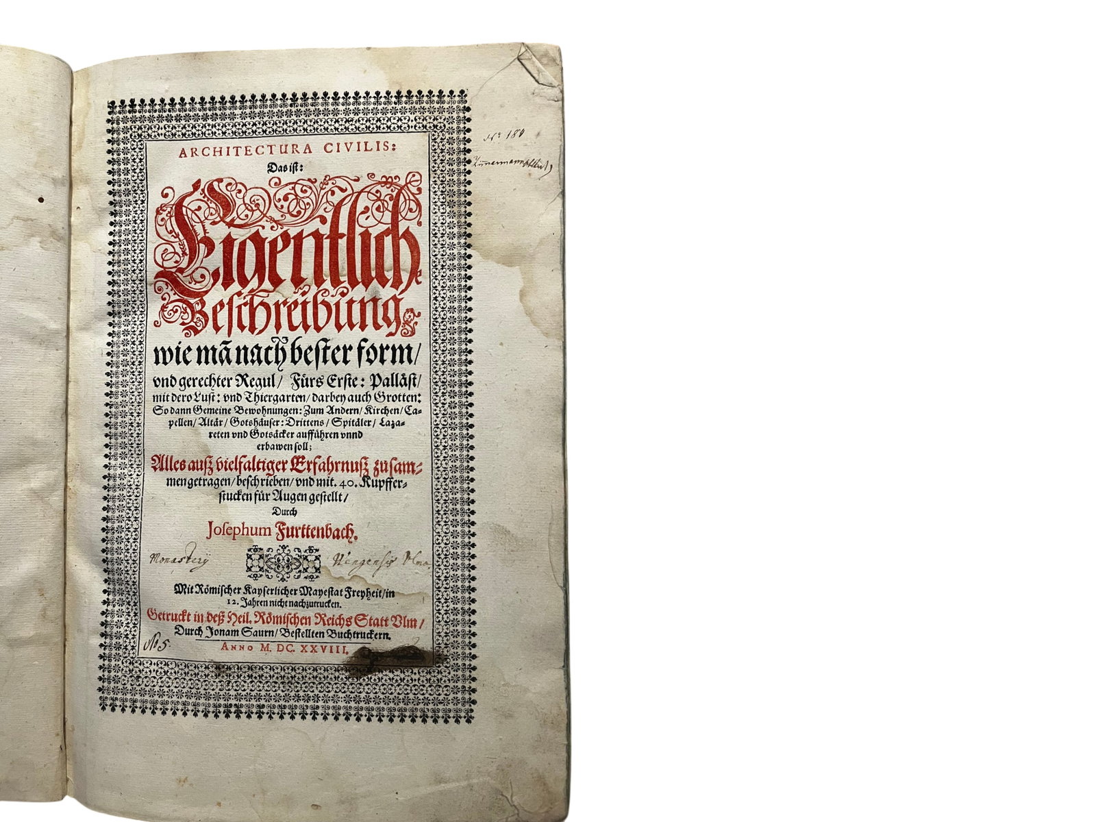 J. Furttenbach. Architectura Civilis 1628: Folio. With a folding engraved title page and 40 double-page copperplates. Original Vellum Binding. Some plates reinforced on back, fine example of a scarce early book on Architecture. Shipping:
