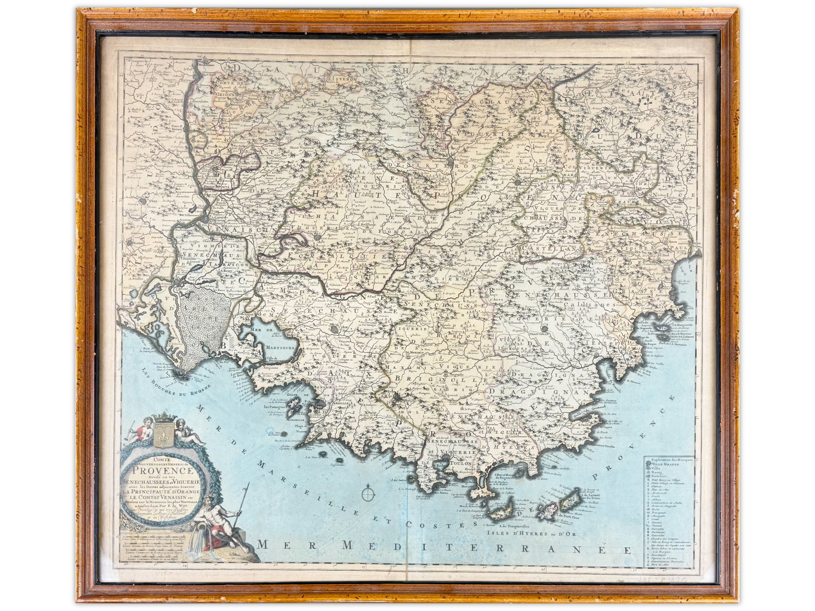 De Witt Provence Colored Map: Engraved and colored map depicting Provence and surrounding areas. By De Witt. Framed. Approx. 21 3/4" x 26". Shipping: Weiss Auctions offers full-service, in-house shipping for nearly all items in